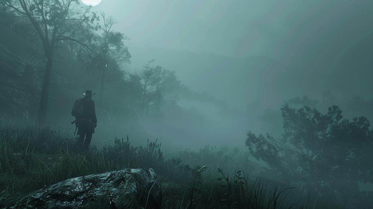 generate a lonely wanderer, foggy weather, mystery