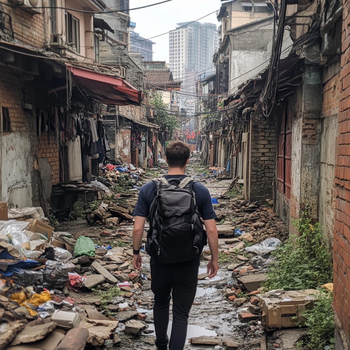 A traveler wandering in the slums of Shanghai