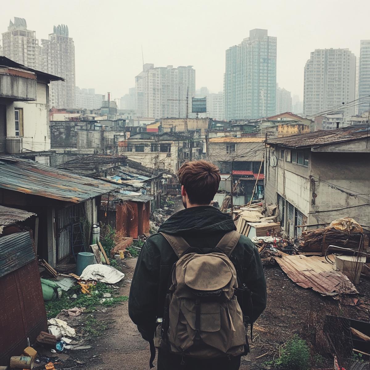 A traveler wandering in the slums of Shanghai