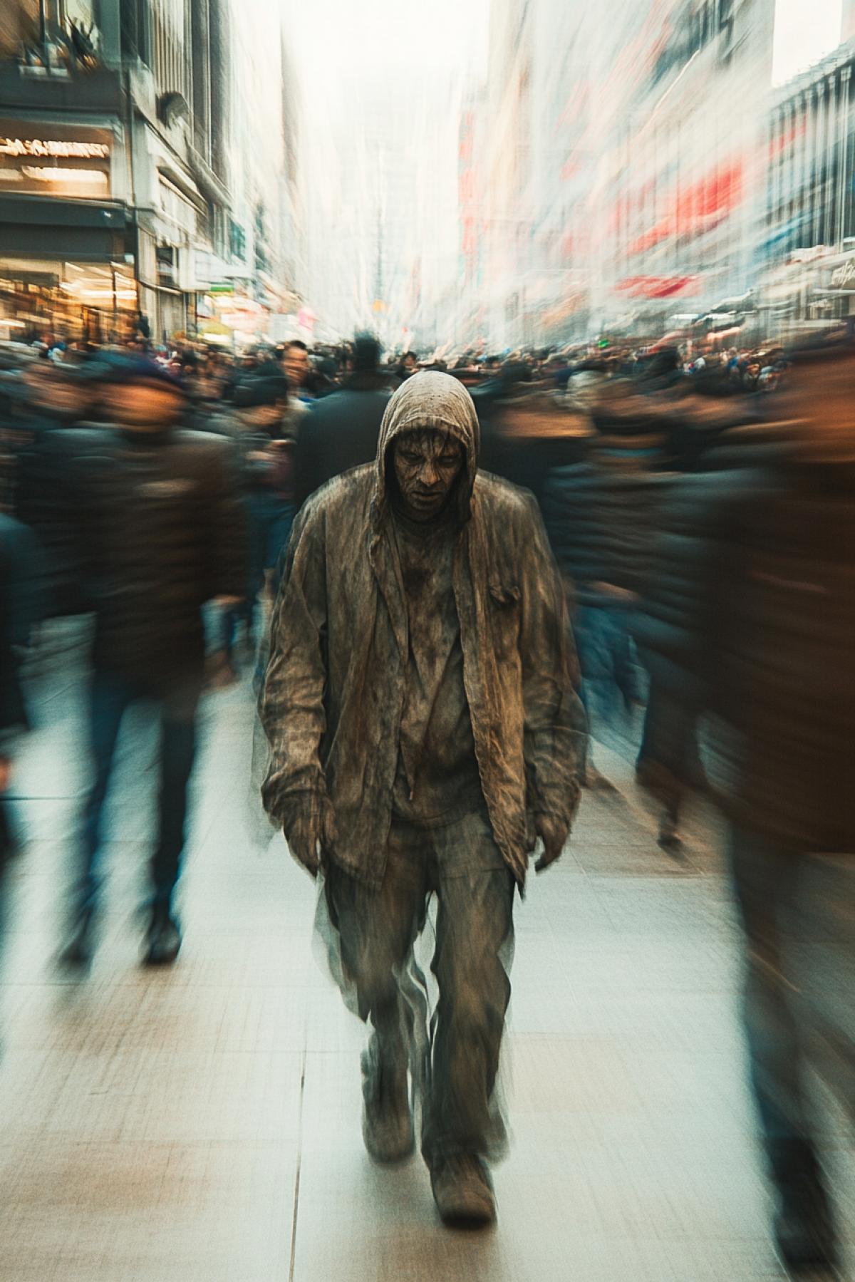 A ling pedestrian street in a big city. In the center, in focus, a dirty man man is walking in old, worn-out clothes. All around him, a crowd of people is passing by, their images blurred and indistinct due to the high speed of movement.