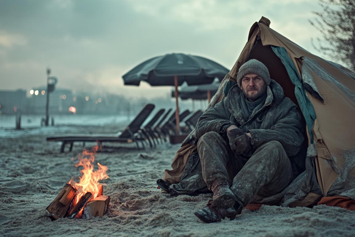 A dirty man man near a cardboard tent and a fire rests on an abandoned winter beach, in the background there are sun loungers and sun umbrellas