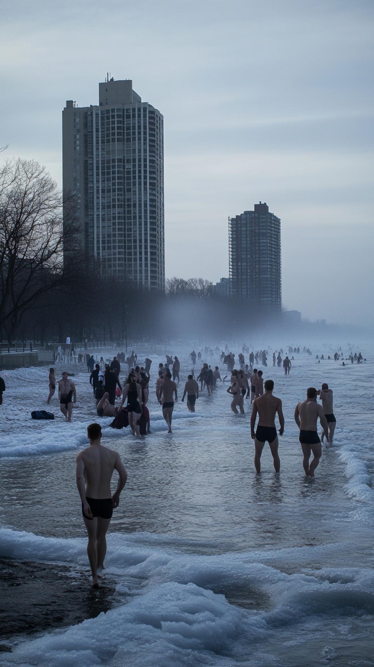 Frosty beach with people in s and swimming trunks