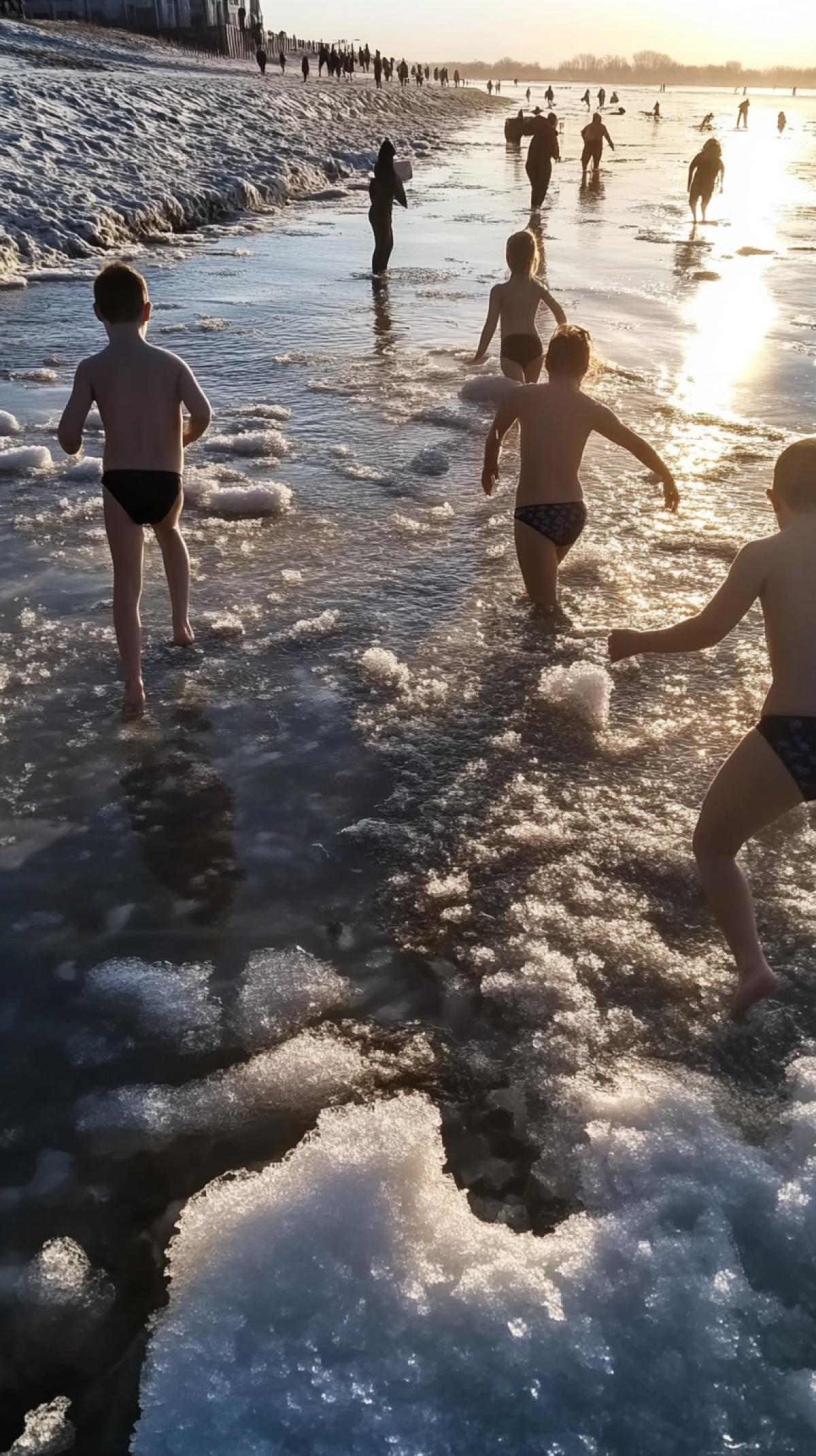 Frosty beach with people in s and swimming trunks