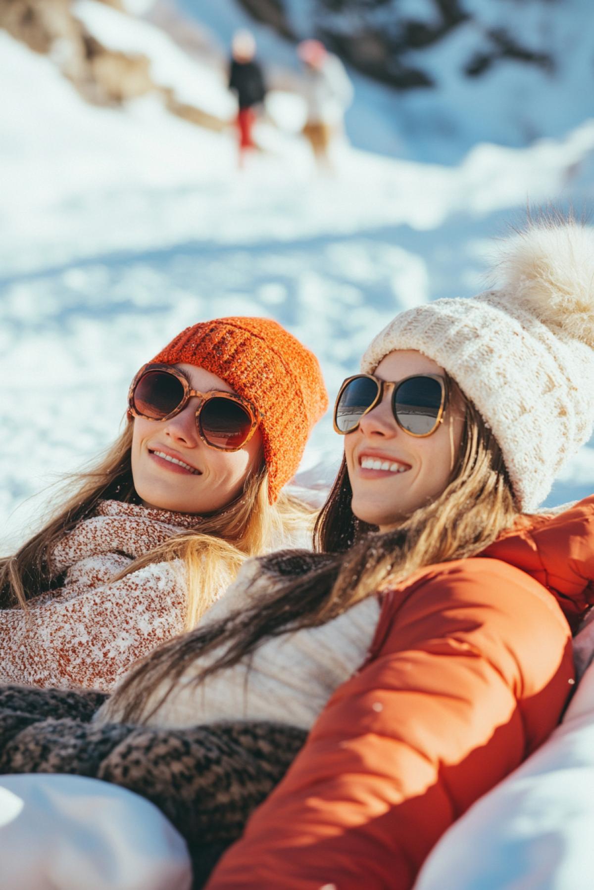 Close-up, cheerful young people, winter, beach, sunny weather, sun loungers, 20 people, people relaxing and sun on a snowy beach. In swimming clothes. high quality photo