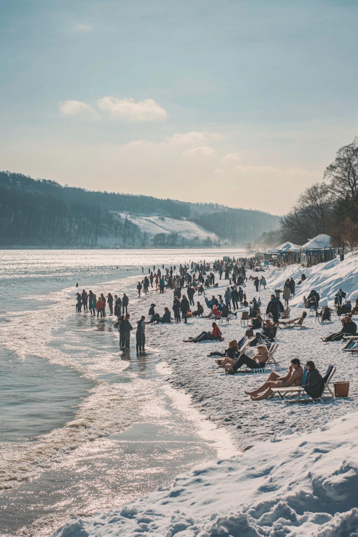 Close-up. Sea, winter, beach, sunny weather, sun loungers, 20 people, people relaxing and sun on a snowy beach. In swimming clothes. high quality photo