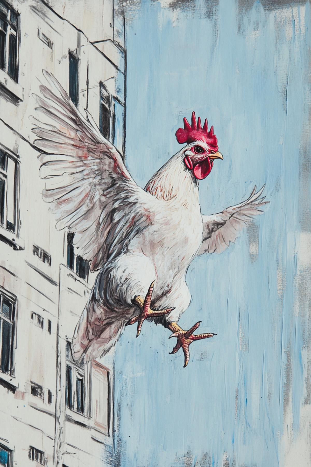 Rear drawing on the end of a residential building a chicken jumping out with a big nashets