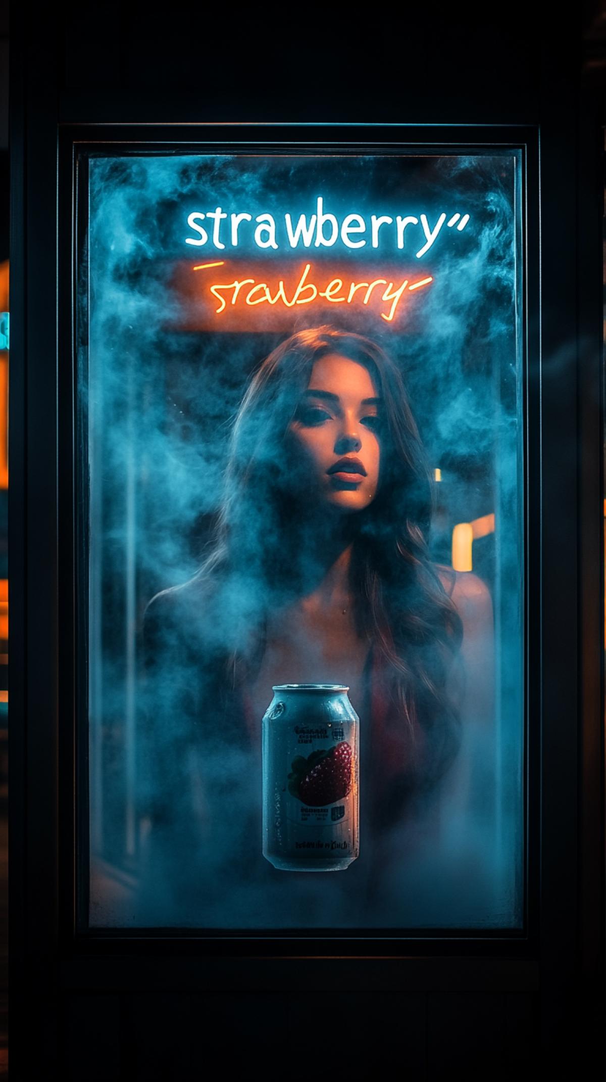 Banner on a city street, at a bus stop. The banner shows a can of soft drink, fogged up, with droplets of moisture on the walls. The background for the jar is a beautiful elegant woman, only the lower part of her face is visible with bright lips and a beautiful female in a red suit with a large neckline, the inscription \"strawberry\" on the jar