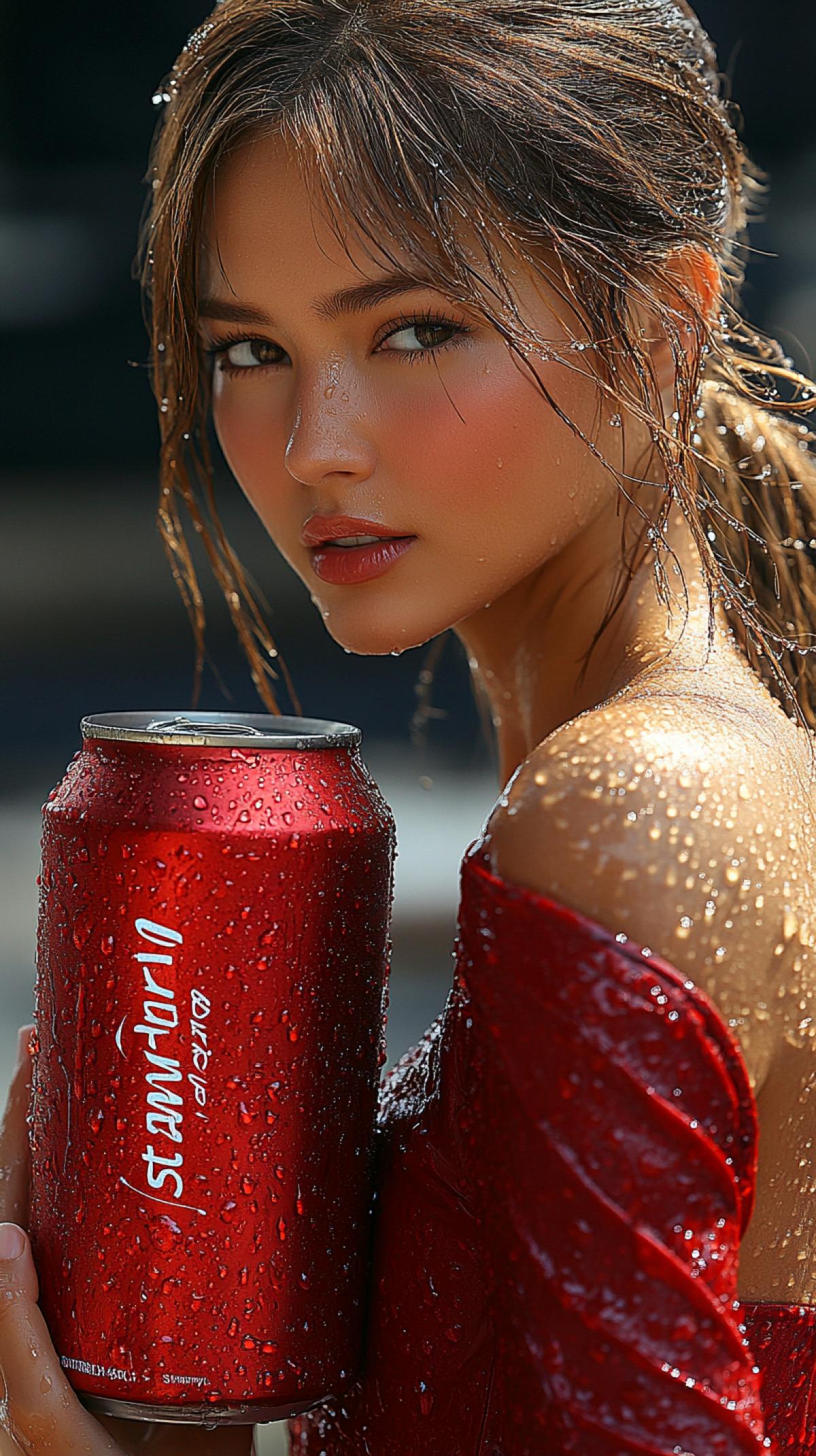 Banner on a city street, at a bus stop. The banner shows a can of soft drink, fogged up, with droplets of moisture on the walls. The background for the jar is a beautiful elegant woman, only the lower part of her face is visible with bright lips and a beautiful female in a red suit with a large neckline, the inscription \"strawberry\" on the jar
