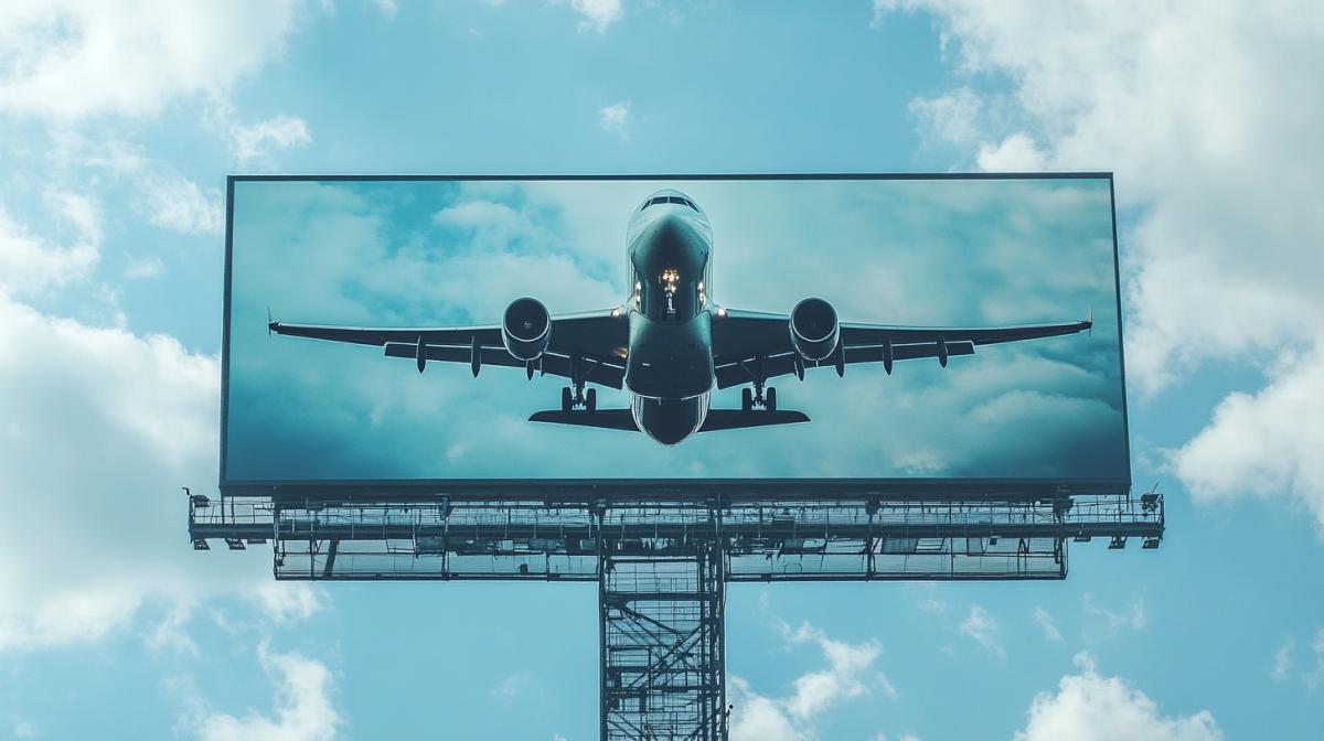 A picture on a billboard on a Banner advertising an airline company.  On which the plane takes off, the pilot smiles from the fuselage cockpit with his arms wide apart