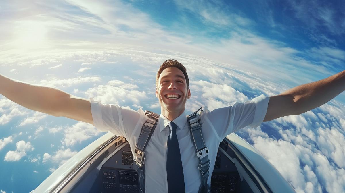 A picture on a billboard on a Banner advertising an airline company.  On which the plane takes off, the pilot smiles from the fuselage cockpit with his arms wide apart