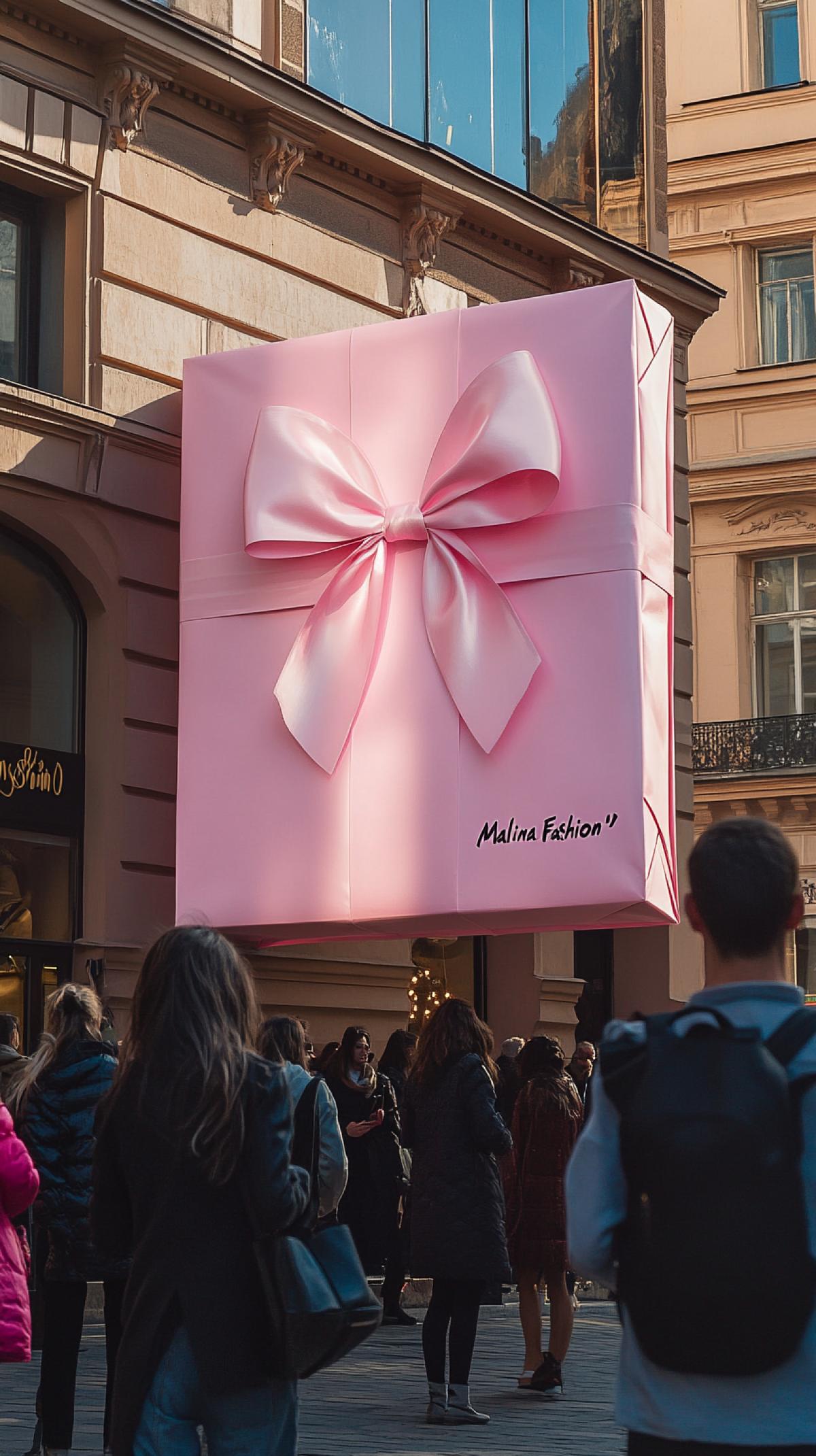 a large pink gift bag with a ribbon bow is a part of Moscows art ex4k, text on the bag \"Malina Fashion\" , the bag is rectangular, wide, made from hard paper, with sharp corners, and with silk handles, the bag is in size 5:4, outdoor art, people are making photos. the street of Moscow, with soft, golden light, shoot on fujifilm xt-3, hyper realistic, ar 16:9