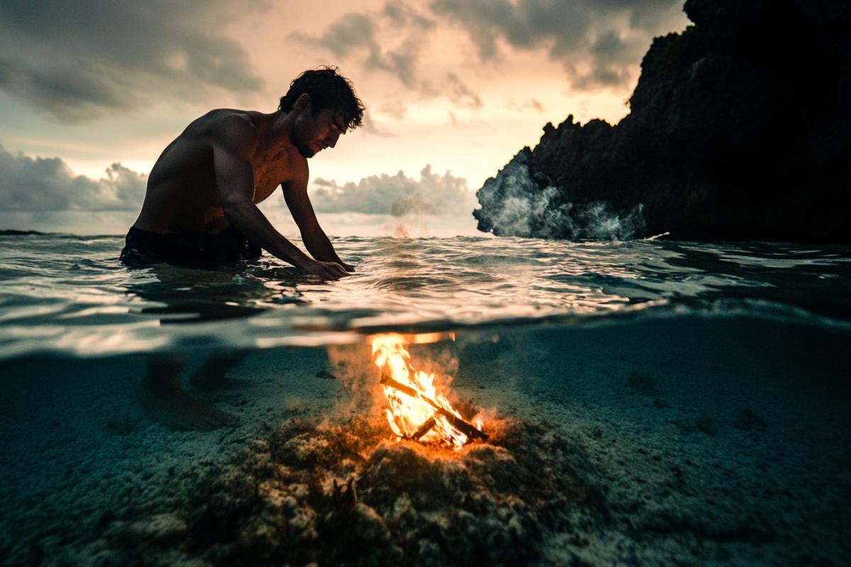 A man makes a fire at the bottom of the sea