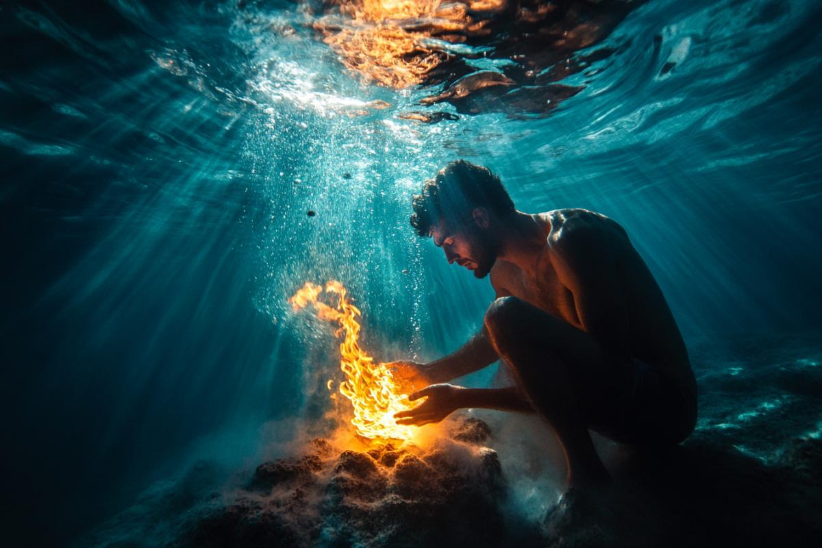 A man makes a fire at the bottom of the sea