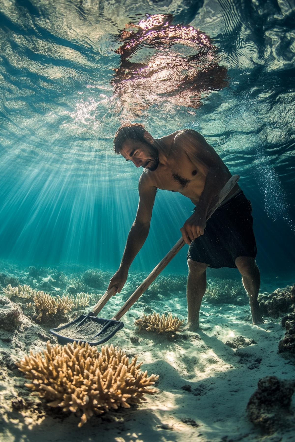 A man hoeing corals underwater