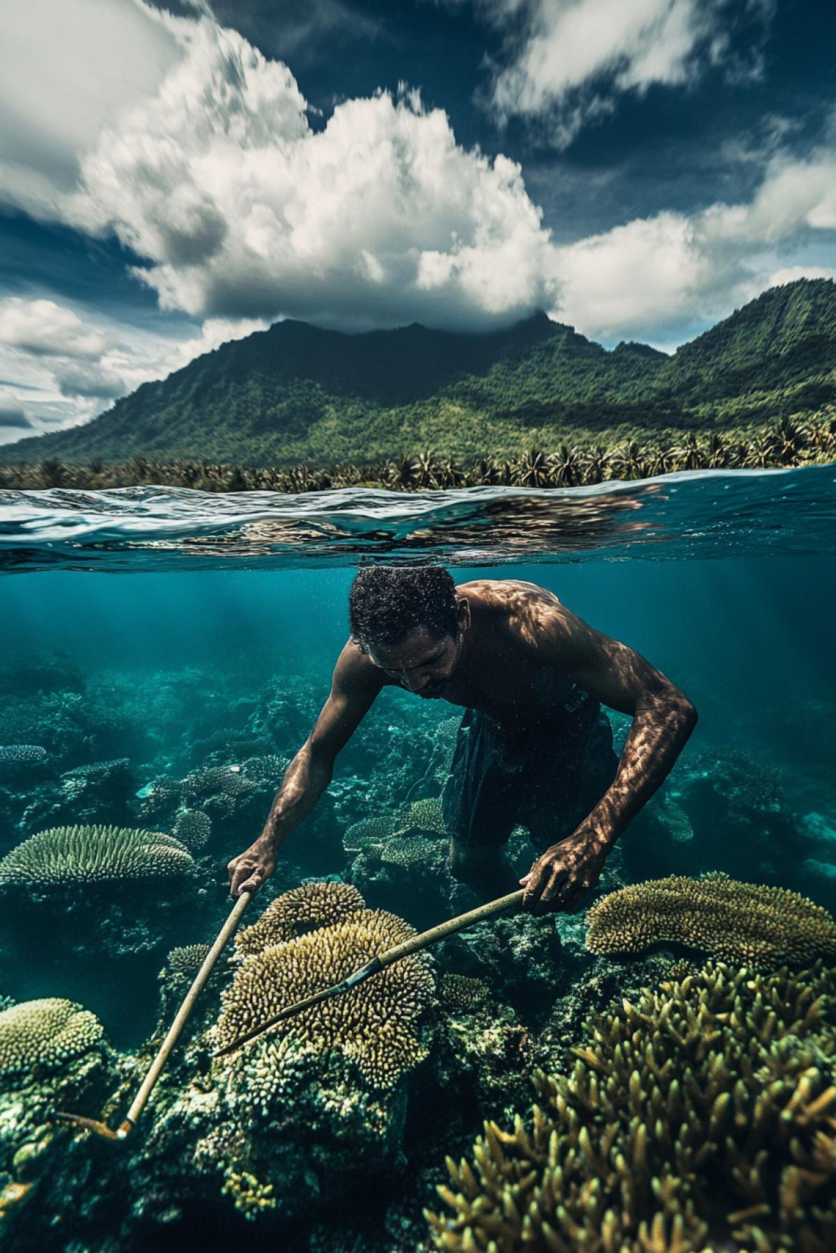 A man hoeing corals underwater