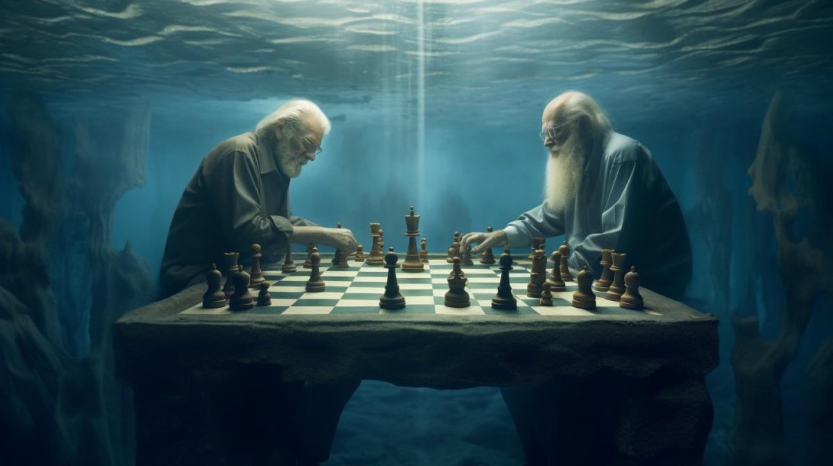 Two old men play chess underwater, photography, realism, hd