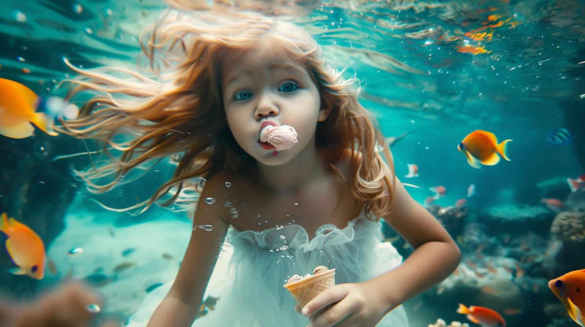 Little girl eating ice cream underwater