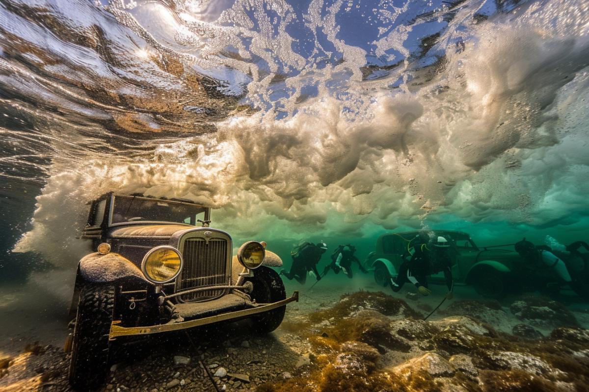 Men repairing a car underwater, underwater photo