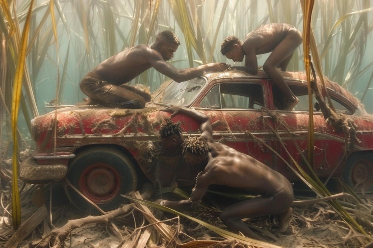 Men repairing a car underwater, underwater photo