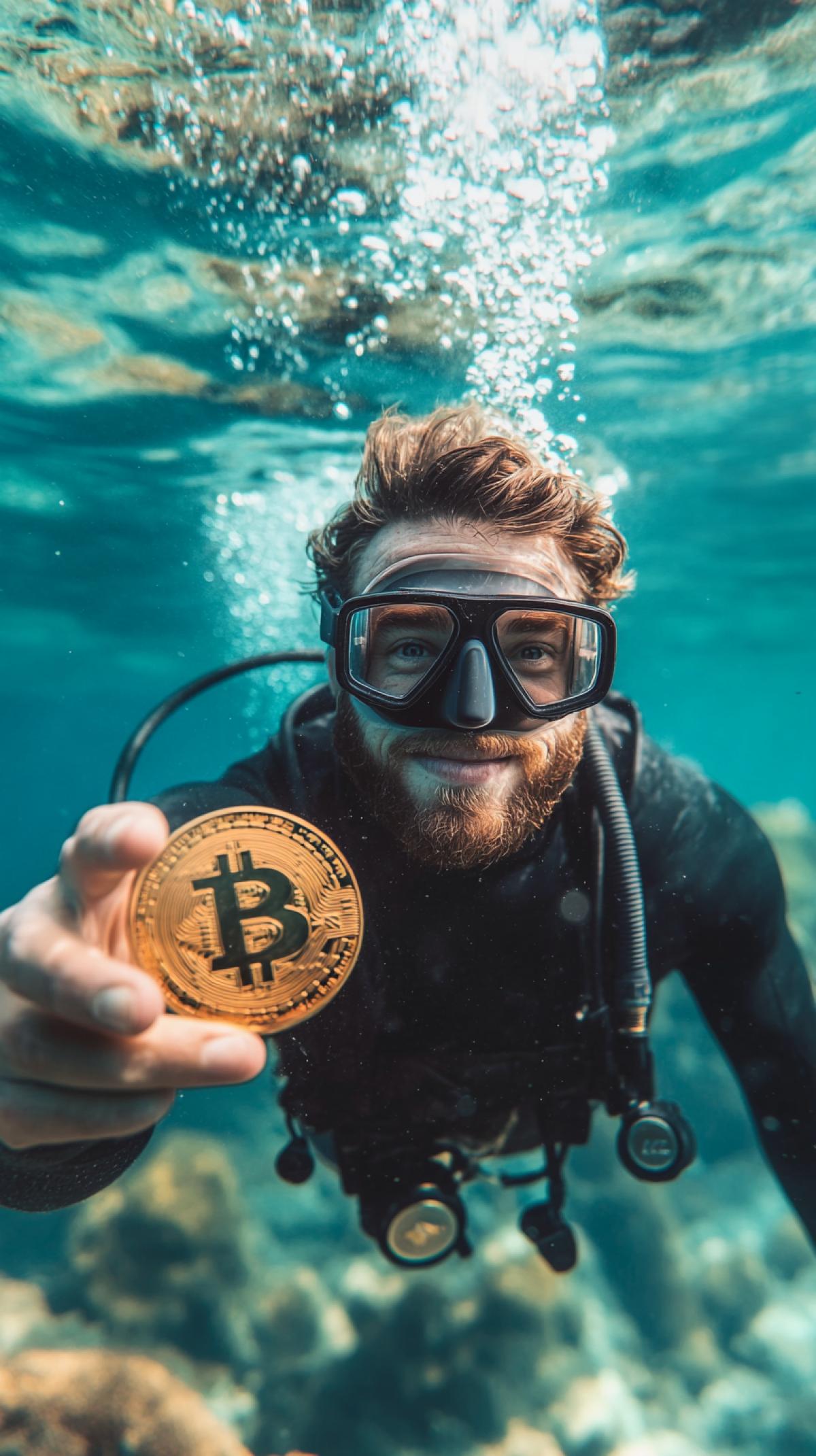 photo of happy man with holding bitcoin, looking at the camera, engages in underwater diving in full equipment, unsplash photography style