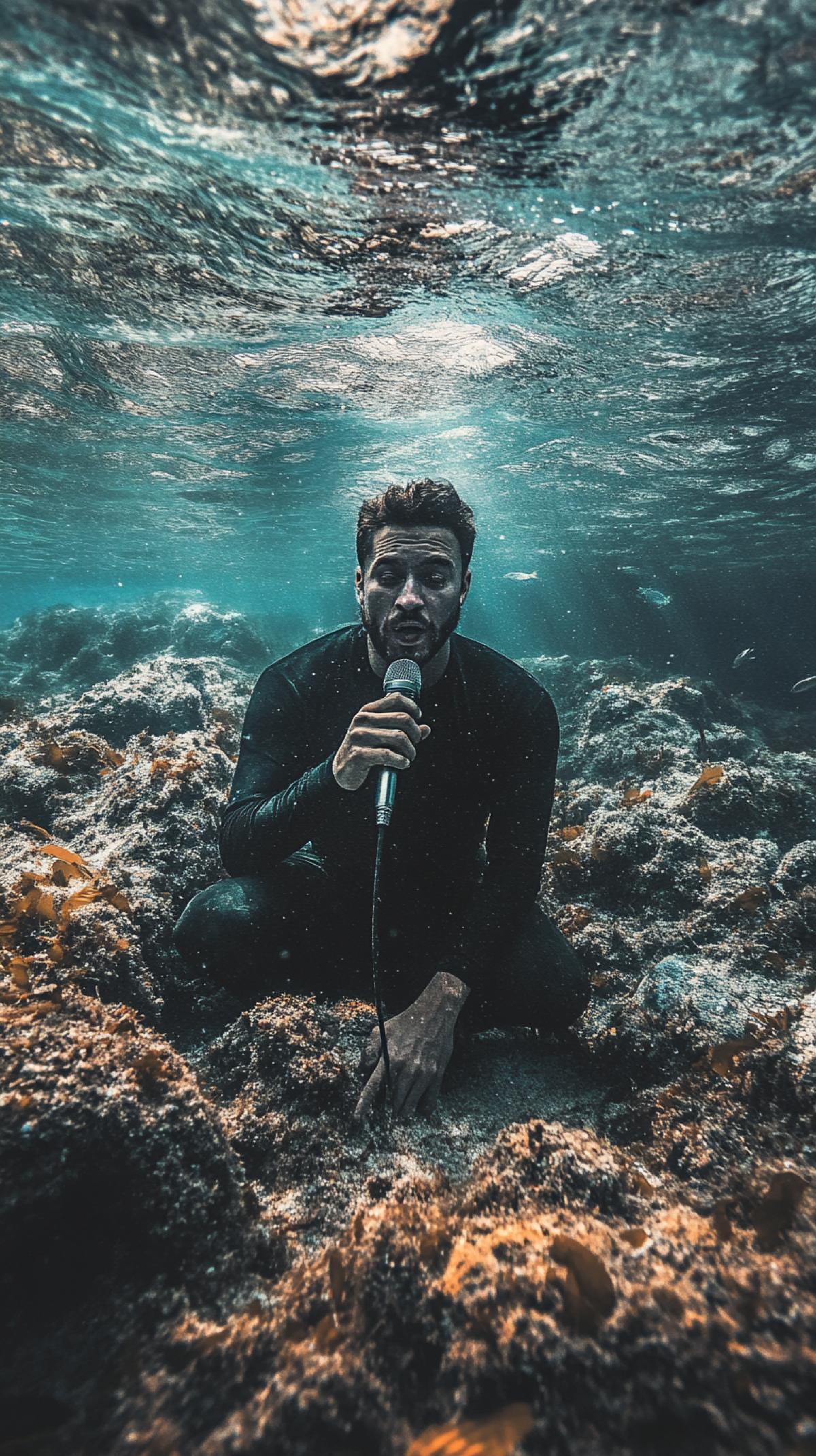 a man with a microphone on the seabed realistic photo