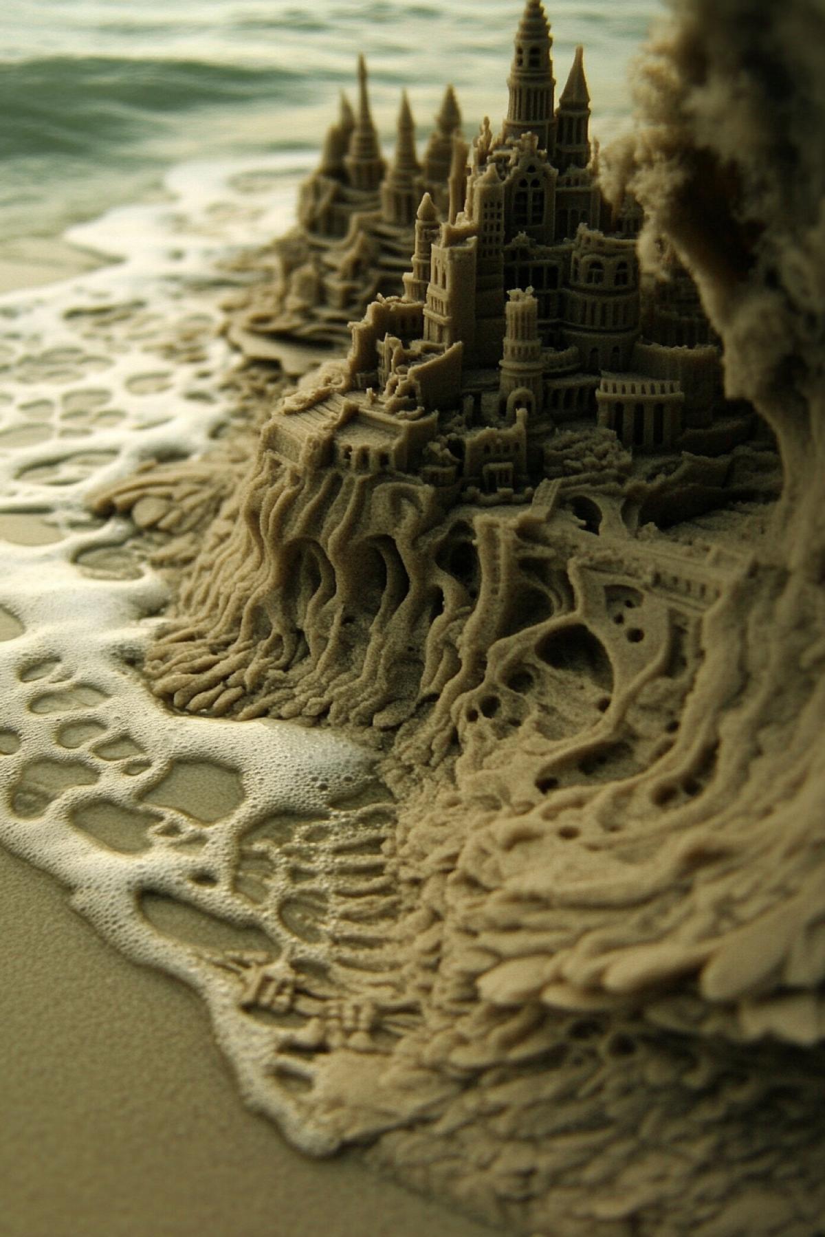 A beautiful sandcastle on the shore gets hit by a big wave.