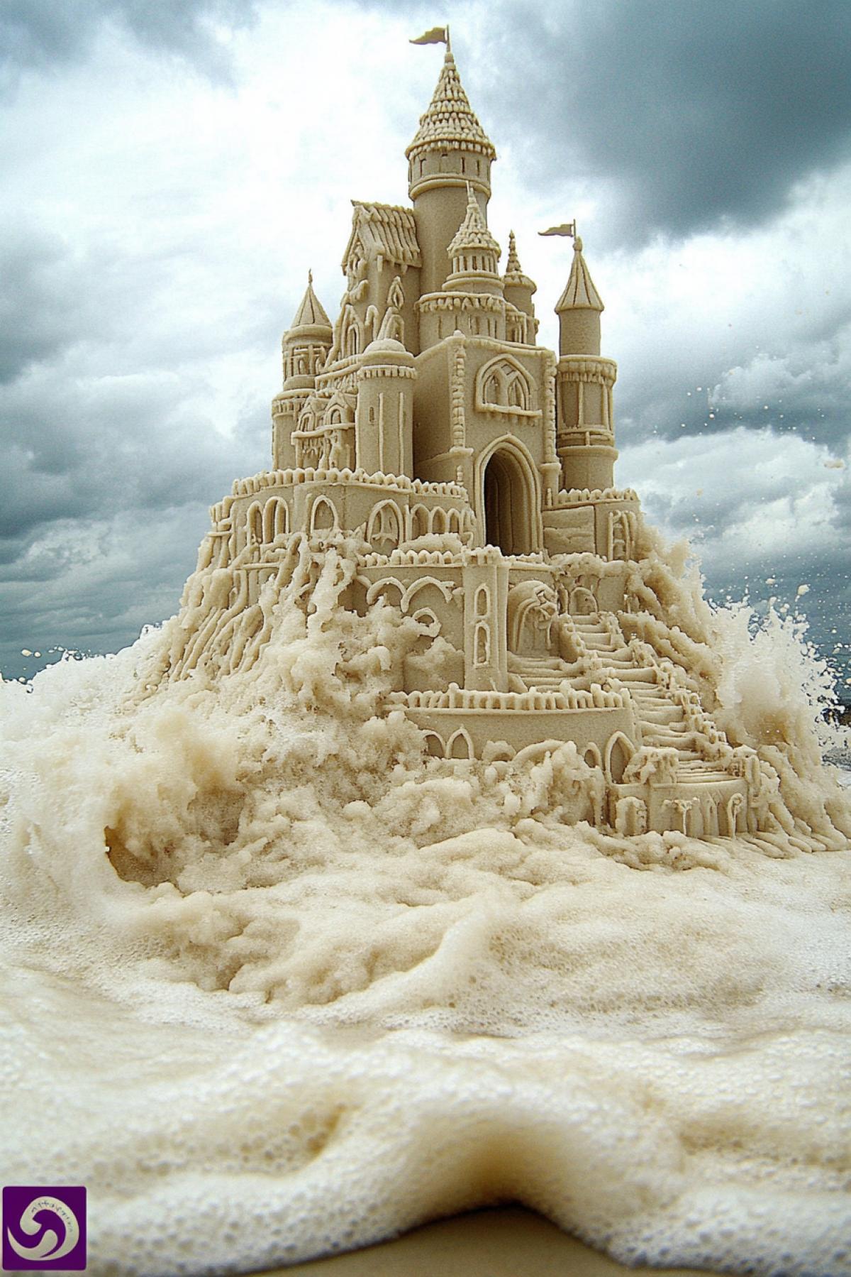 A beautiful sandcastle on the shore is washed away by a big wave.