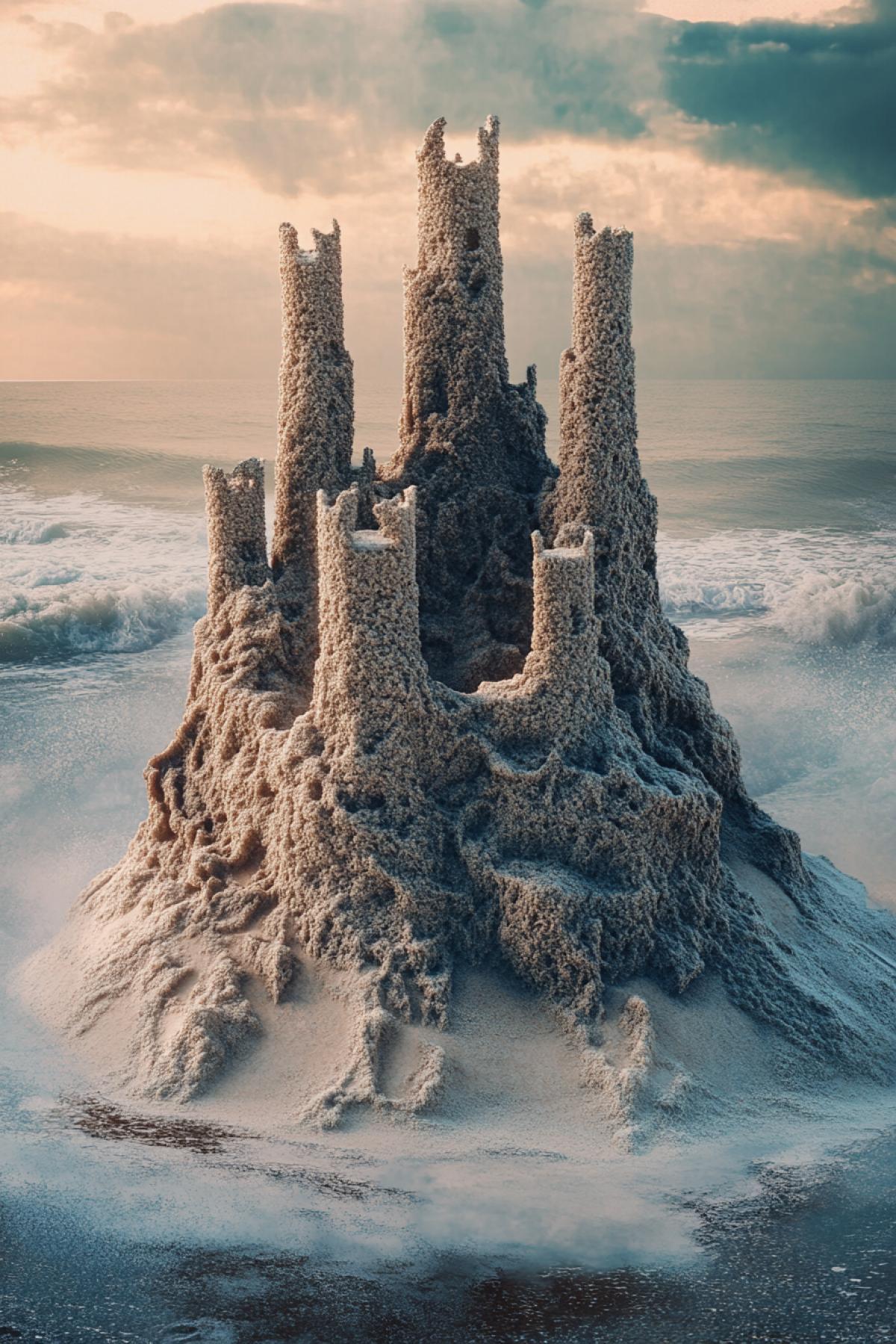 Sand castle, maximalism, fusion, clear details, shimmer, realistic image. Photoshop