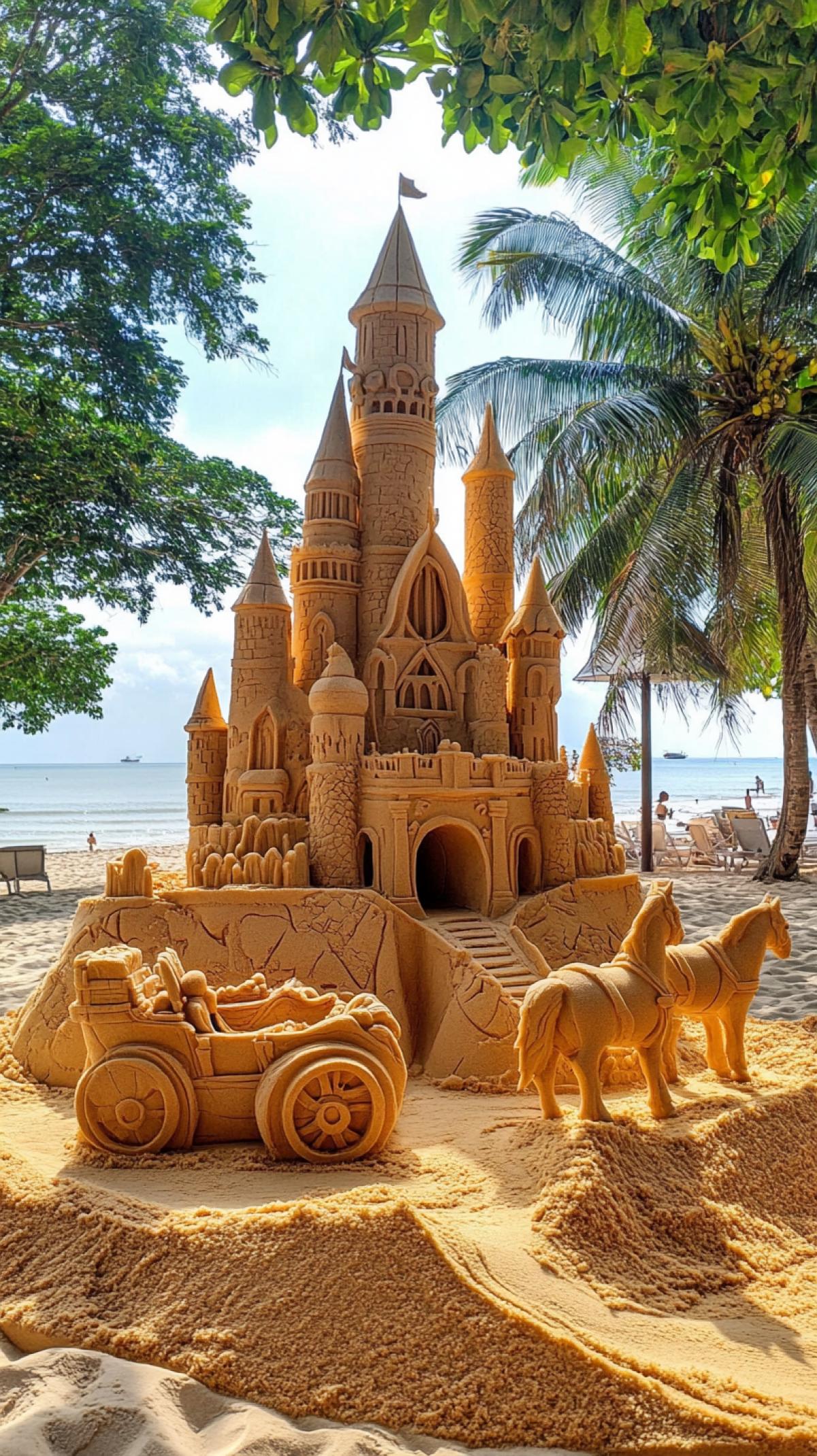 a soul-bewitching sand castle with sand carriages and horses at the entrance