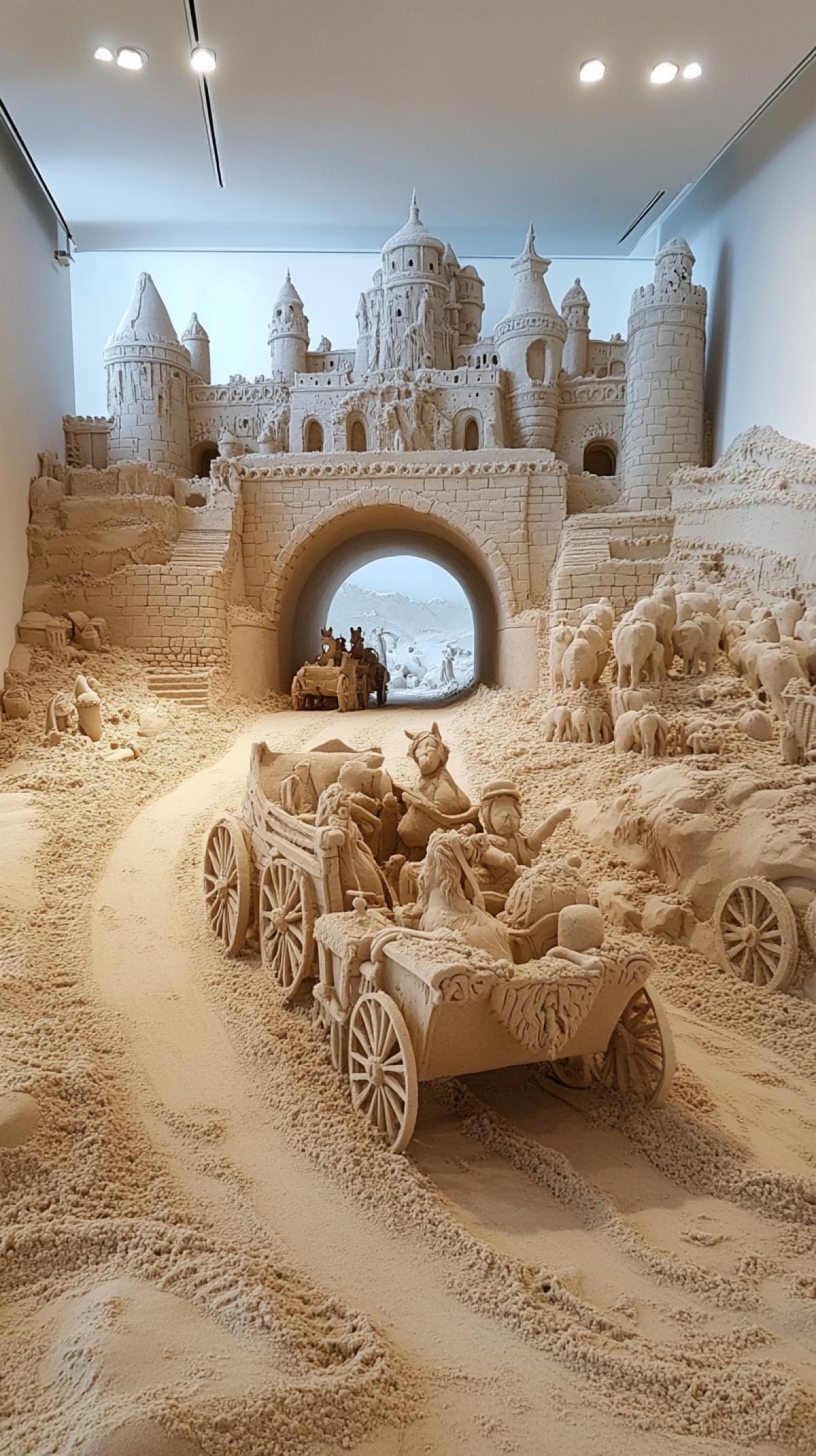 a soul-bewitching sand castle with sand carriages and horses at the entrance