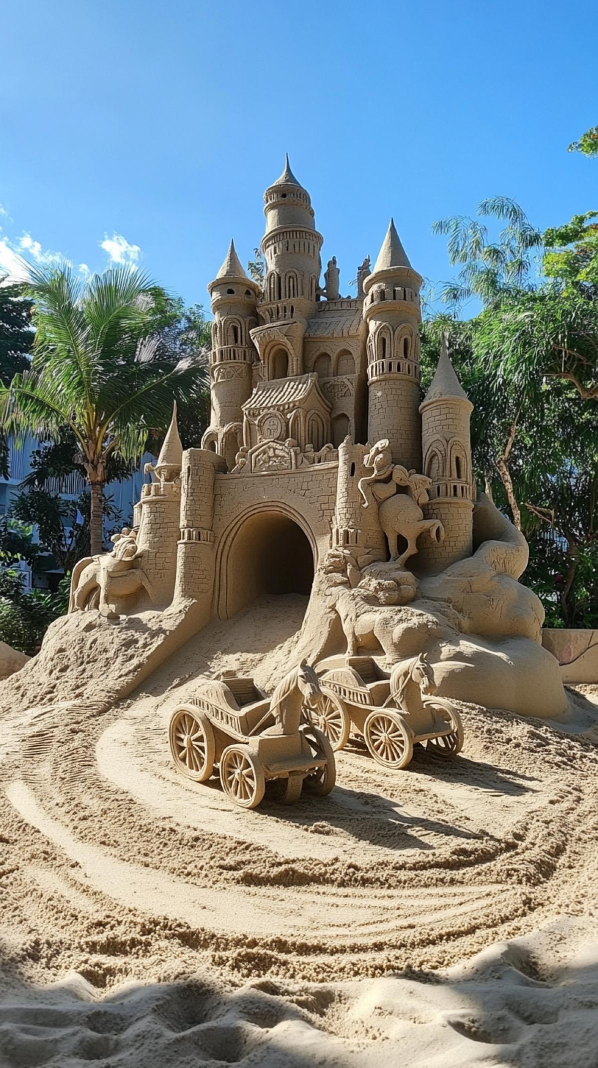 a soul-bewitching sand castle with sand carriages and horses at the entrance
