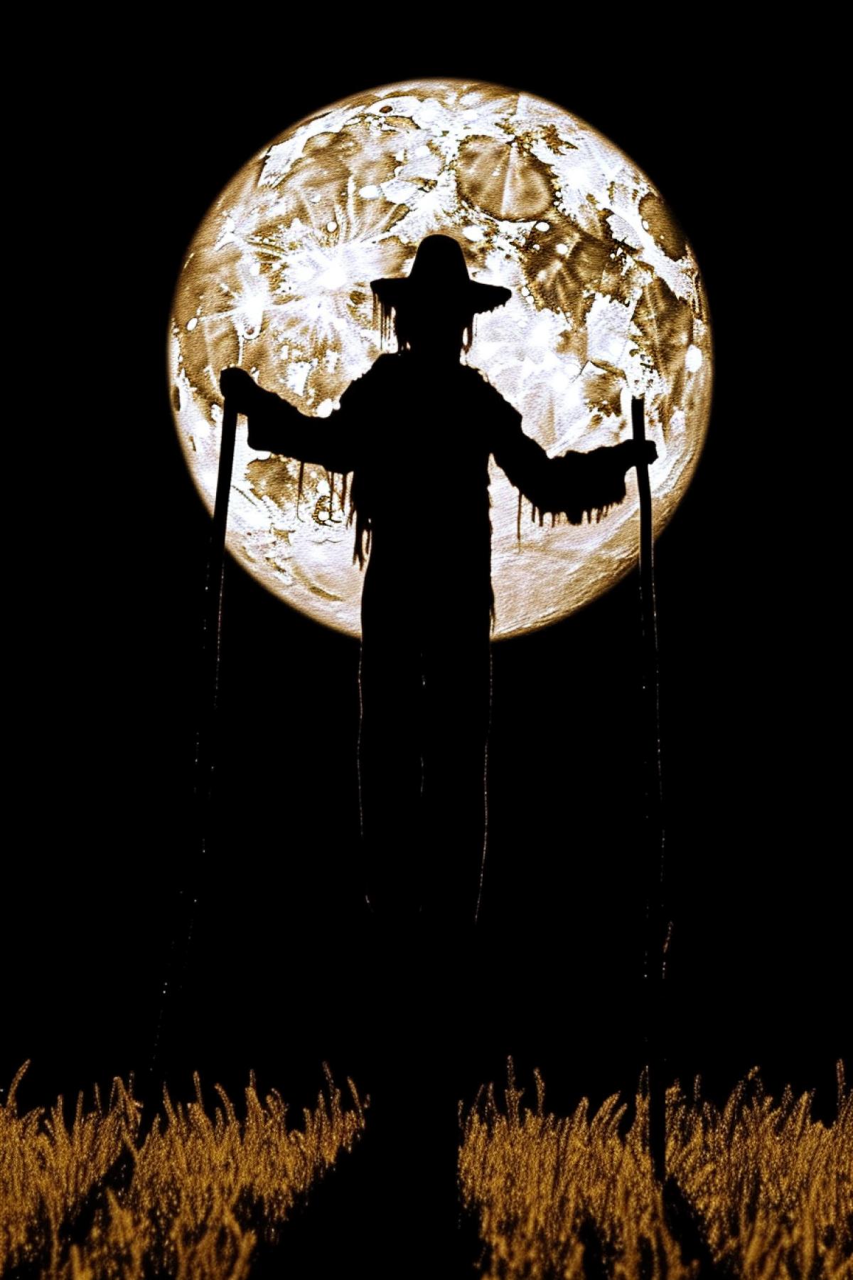 Scarecrow on a stick at night in a field in the light of the moon, creepy, full moon