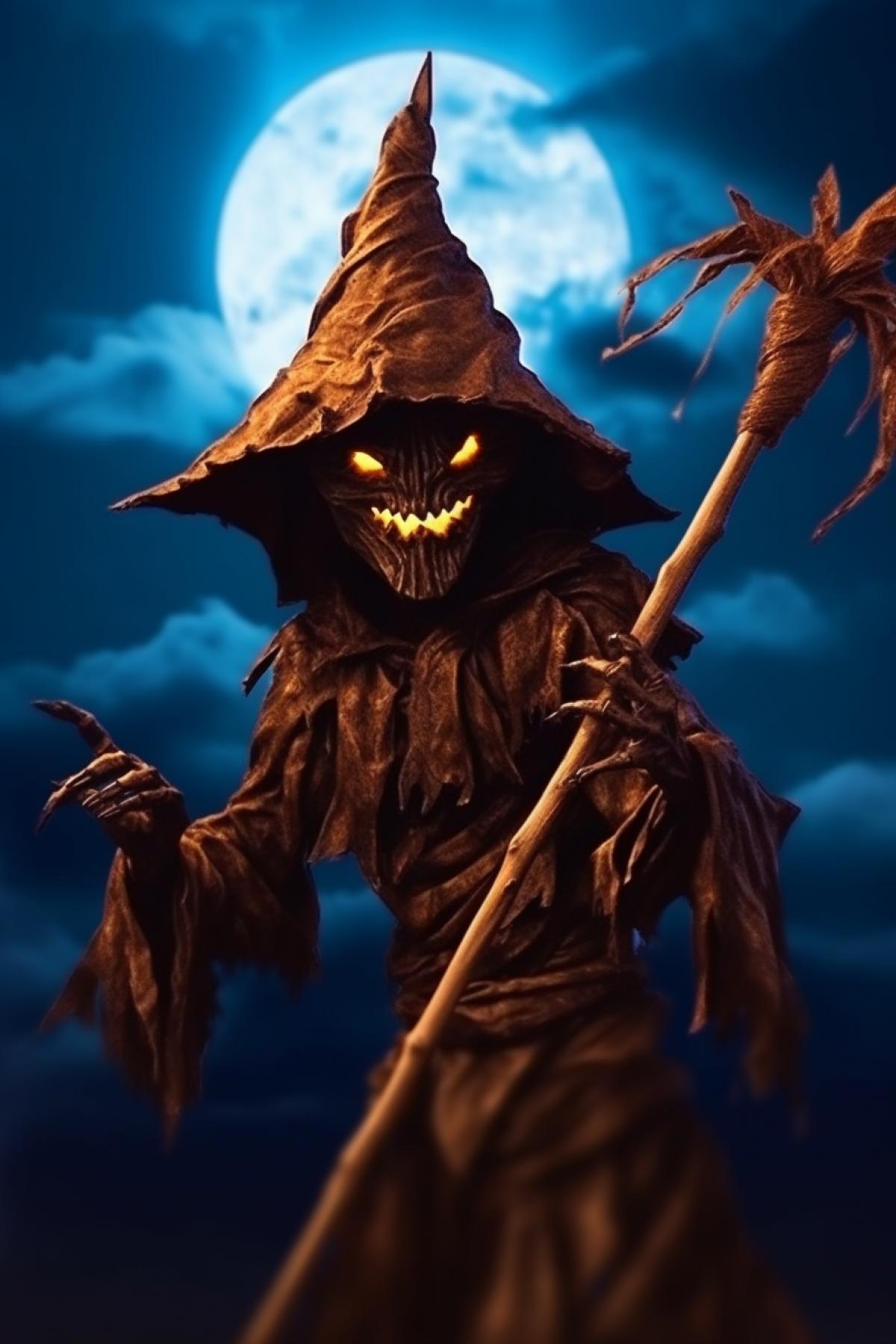 Scary scarecrow 🦈🍕 on a stick at night in a field in the light of the moon, creepy, full moon