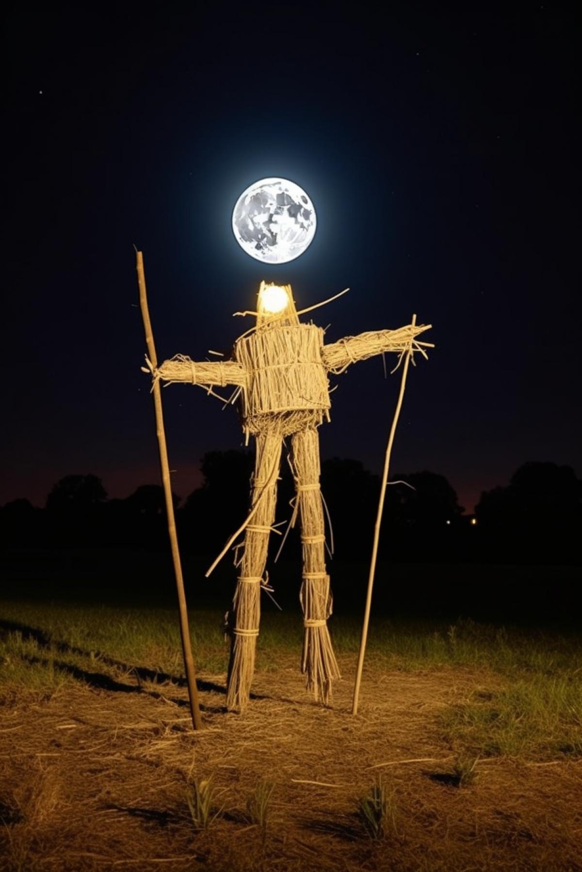 Scary scarecrow 🦈🍕 on a stick at night in a field in the light of the moon, creepy, full moon