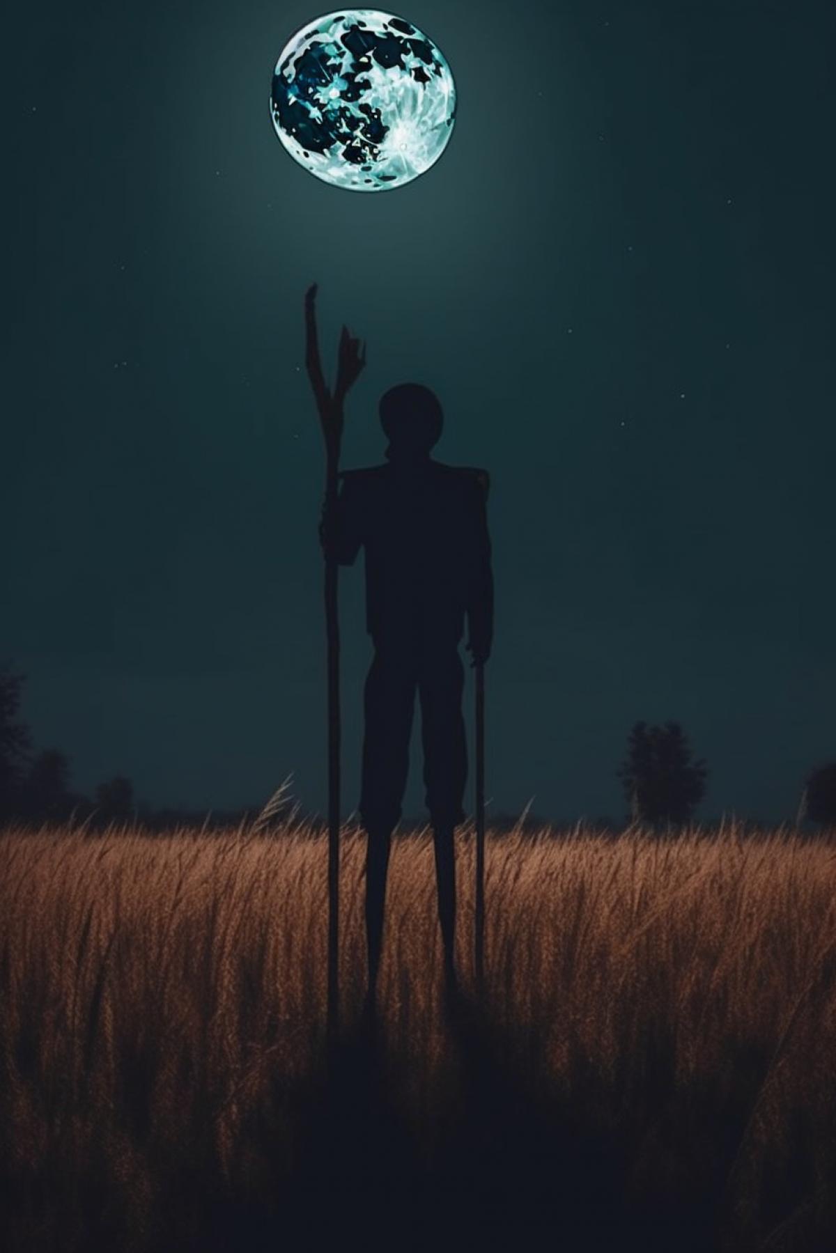 Scary scarecrow 🦈🍕 on a stick at night in a field in the light of the moon, creepy, full moon
