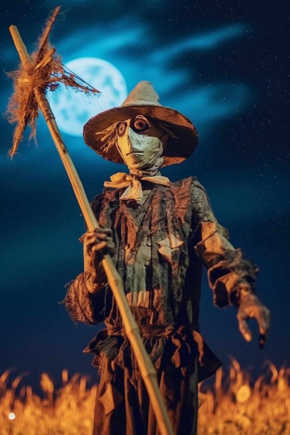 Scarecrow 💊🌻🐟 scary on a stick at night in a field in the light of the moon, creepy, full moon