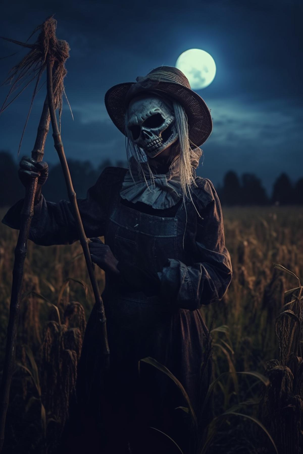 Scarecrow dentist with scary teeth on a stick at night in a field in the light of the moon, creepy, full moon