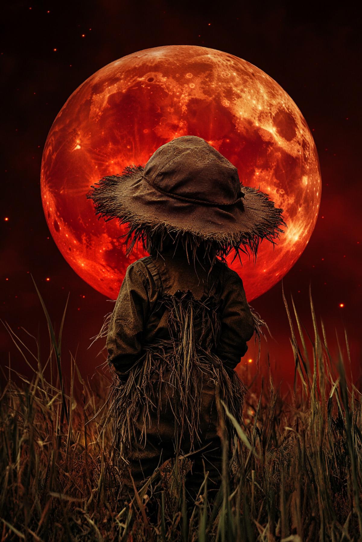 Baby garden scarecrow in a field against the backdrop of a big red fiery moon frightened scarecrow scary kenai surrealism steampunk fantasy galaxy style horror horror