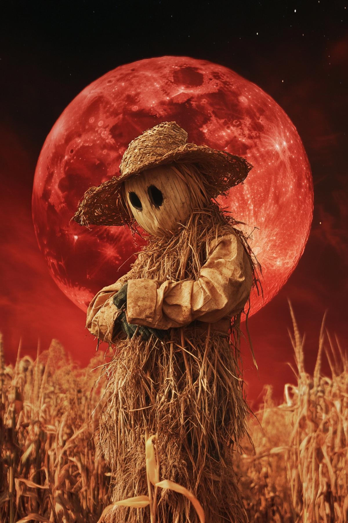 Baby garden scarecrow in a field against the backdrop of a big red fiery moon frightened scarecrow scary kenai surrealism steampunk fantasy galaxy style horror horror