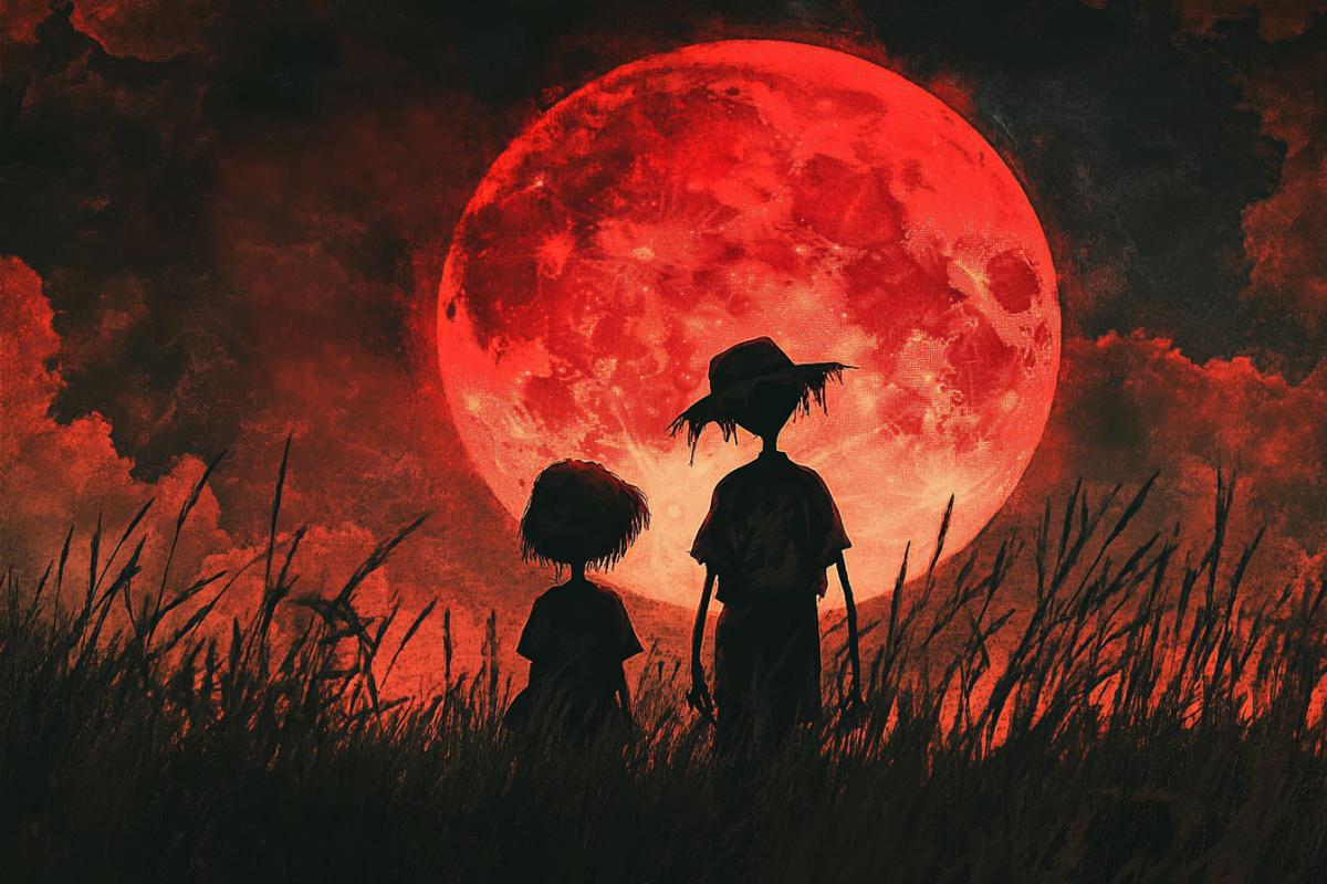 A loving couple of creepy garden scarecrows, a boy and a girl, admire the big red red liquid moon in a field, horror horror style