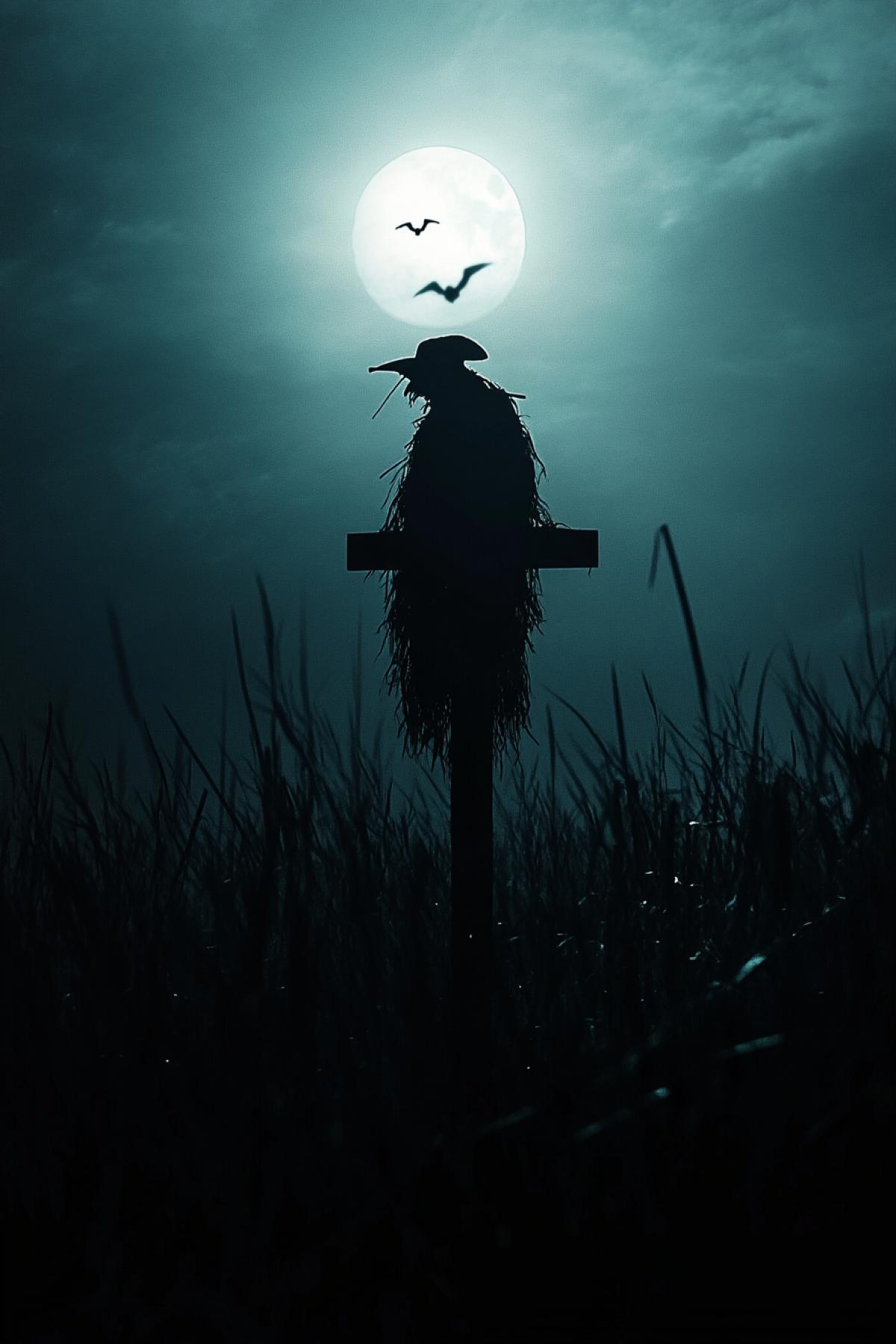 Scarecrow in the moonlight, mystery, mysticism, minimalism, fusion, flickering, realistic image, photoshop