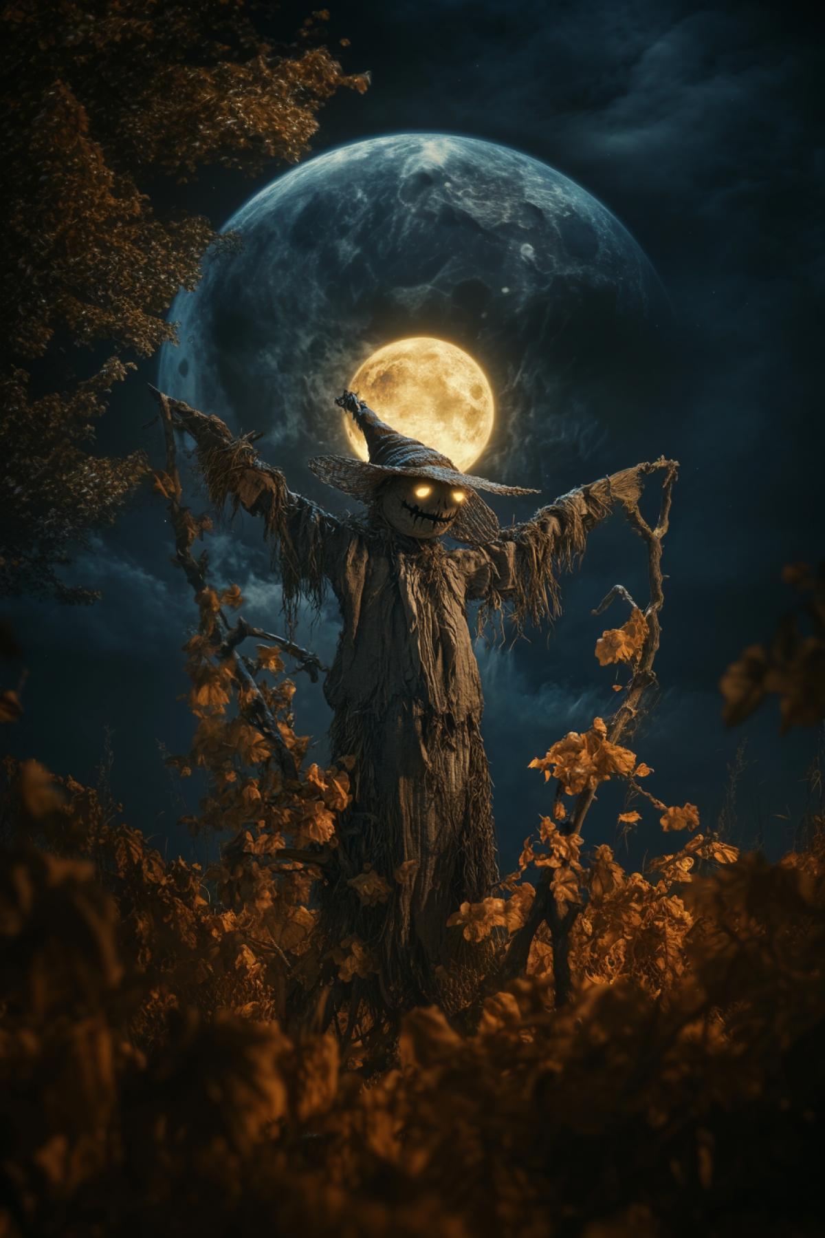 Scarecrow under the moon, light, magic, mysticism, mystery, fusion, realistic image, 3d image, clear details