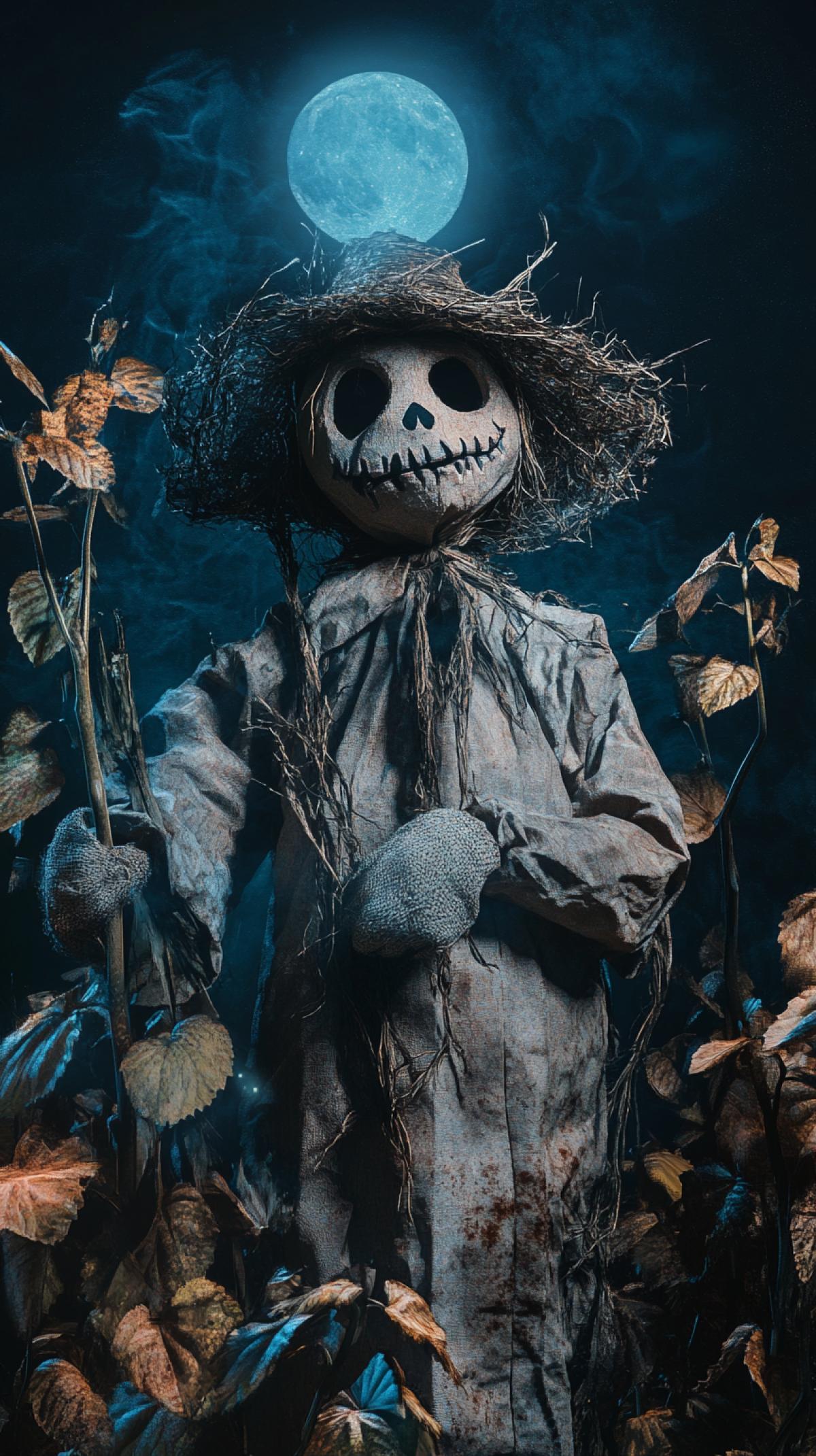 Scarecrow in the garden in the moonlight