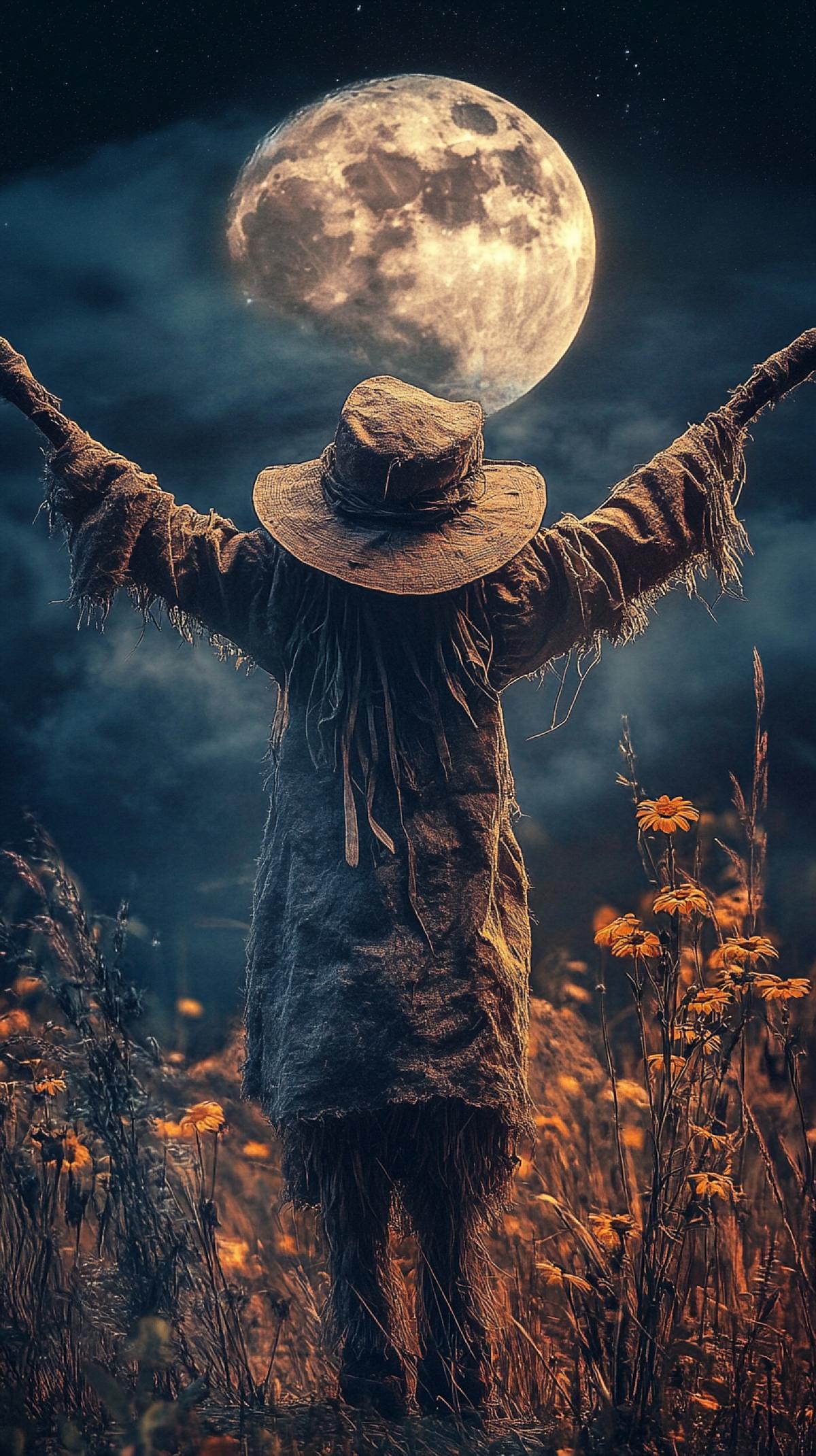 Scarecrow in the garden in the moonlight