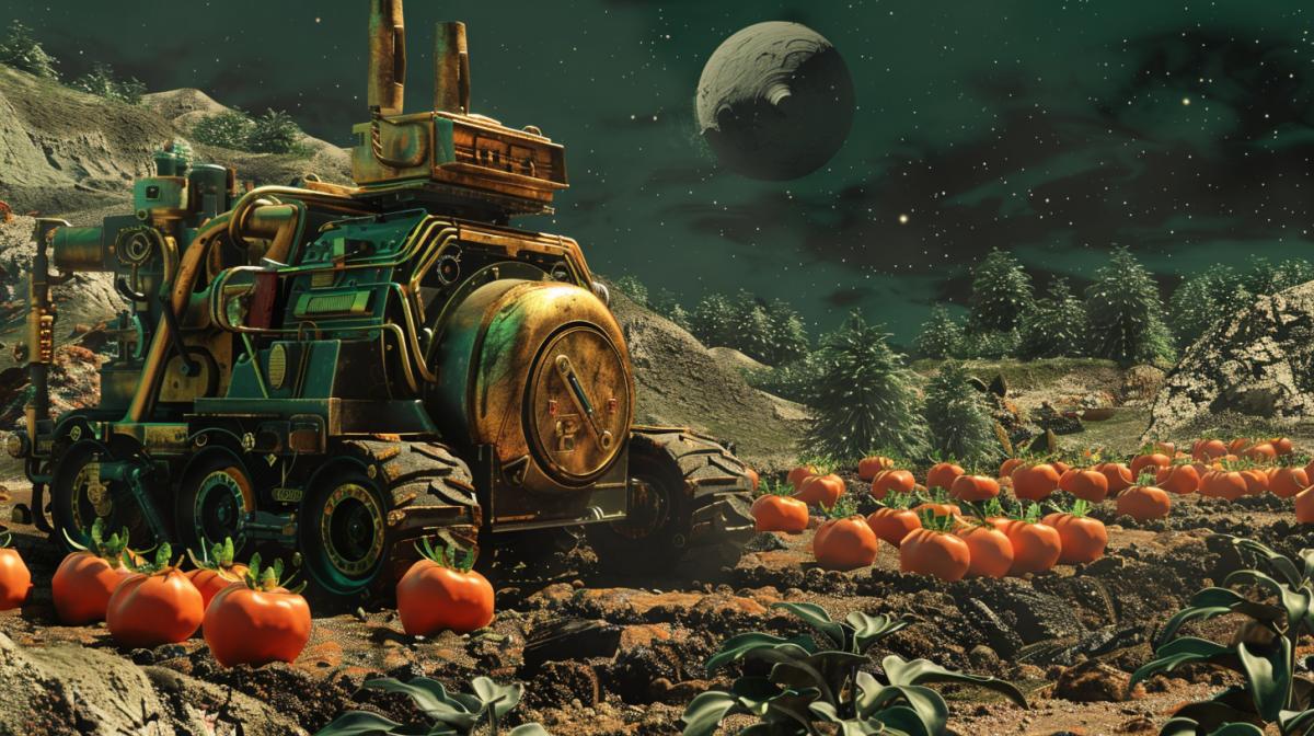 Robot farmer digs beds on an asteroid in space, steampunk style, tomatoes are visible