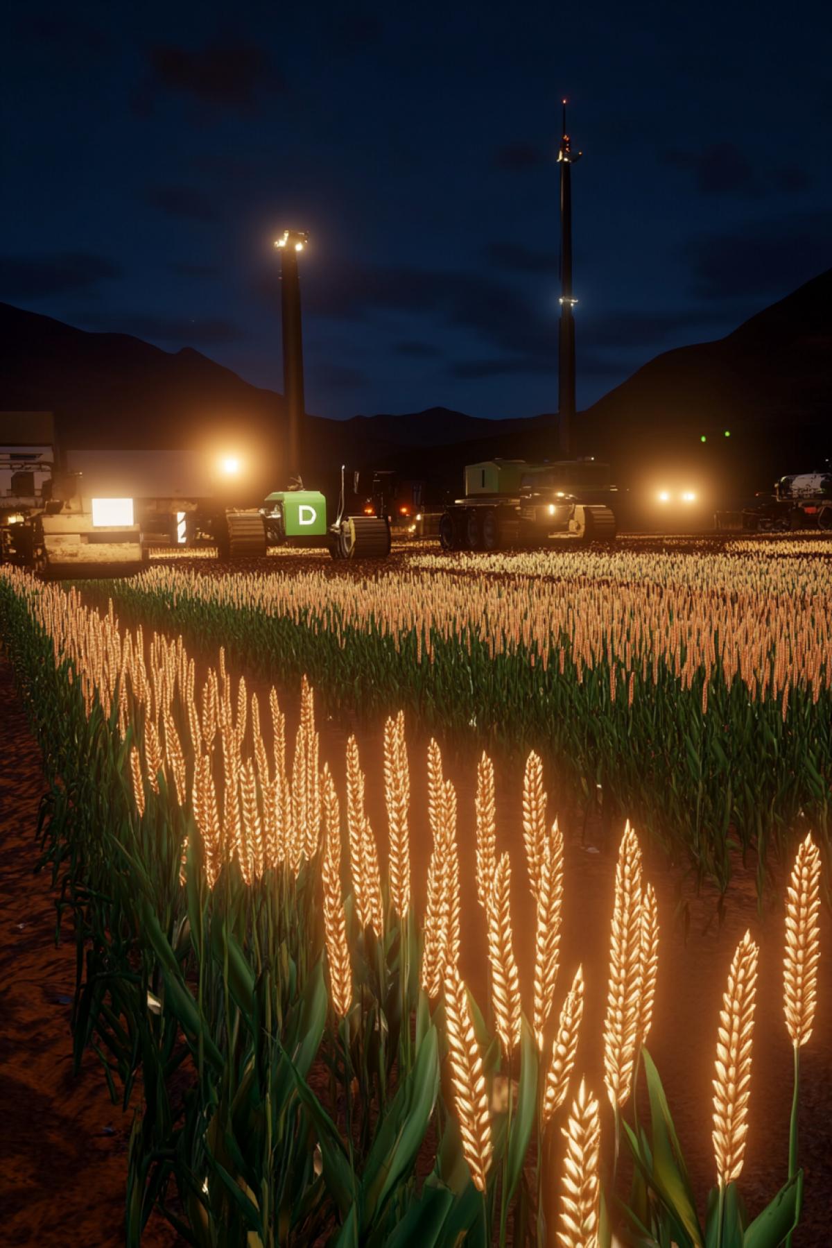 Automated harvesters of the future harvest a futuristic wheat crop on the desolate surface of Mars.