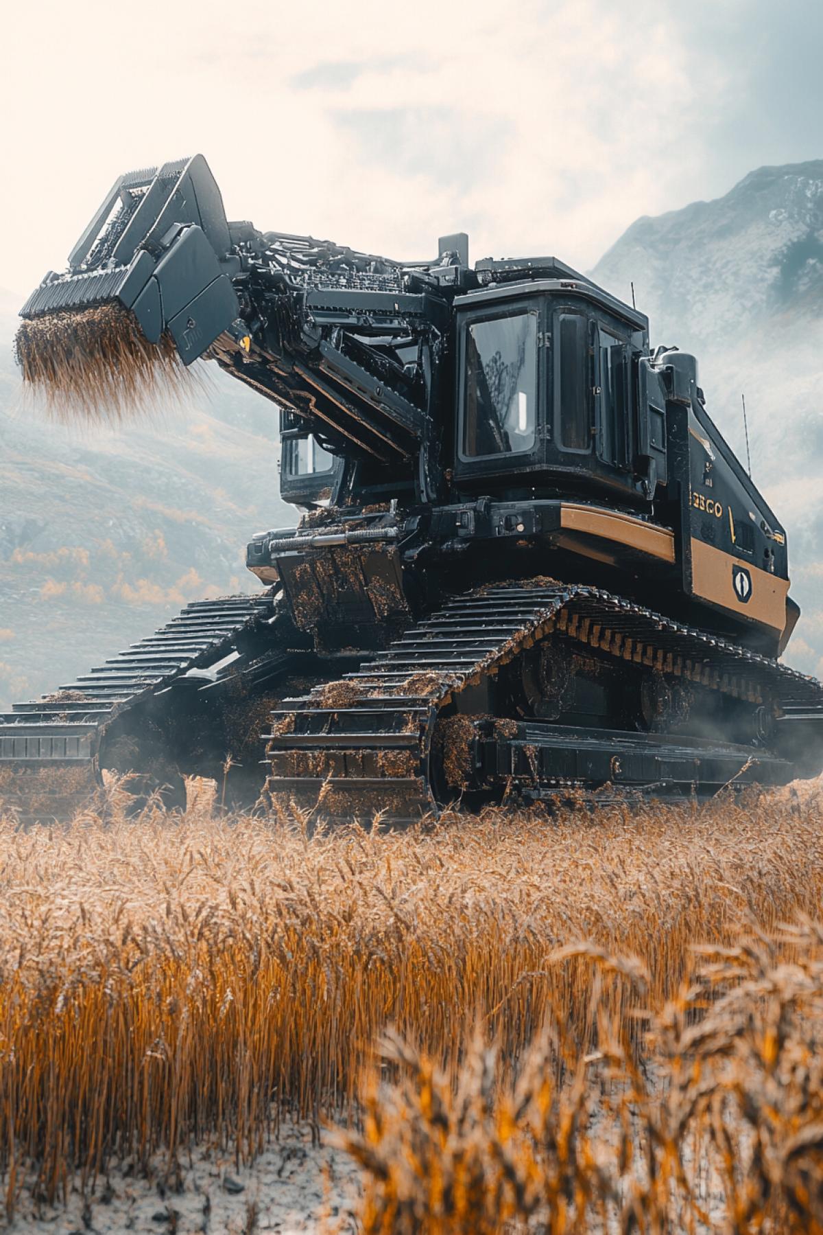 An automated harvester harvests a futuristic wheat crop on the desolate surface of Mars.