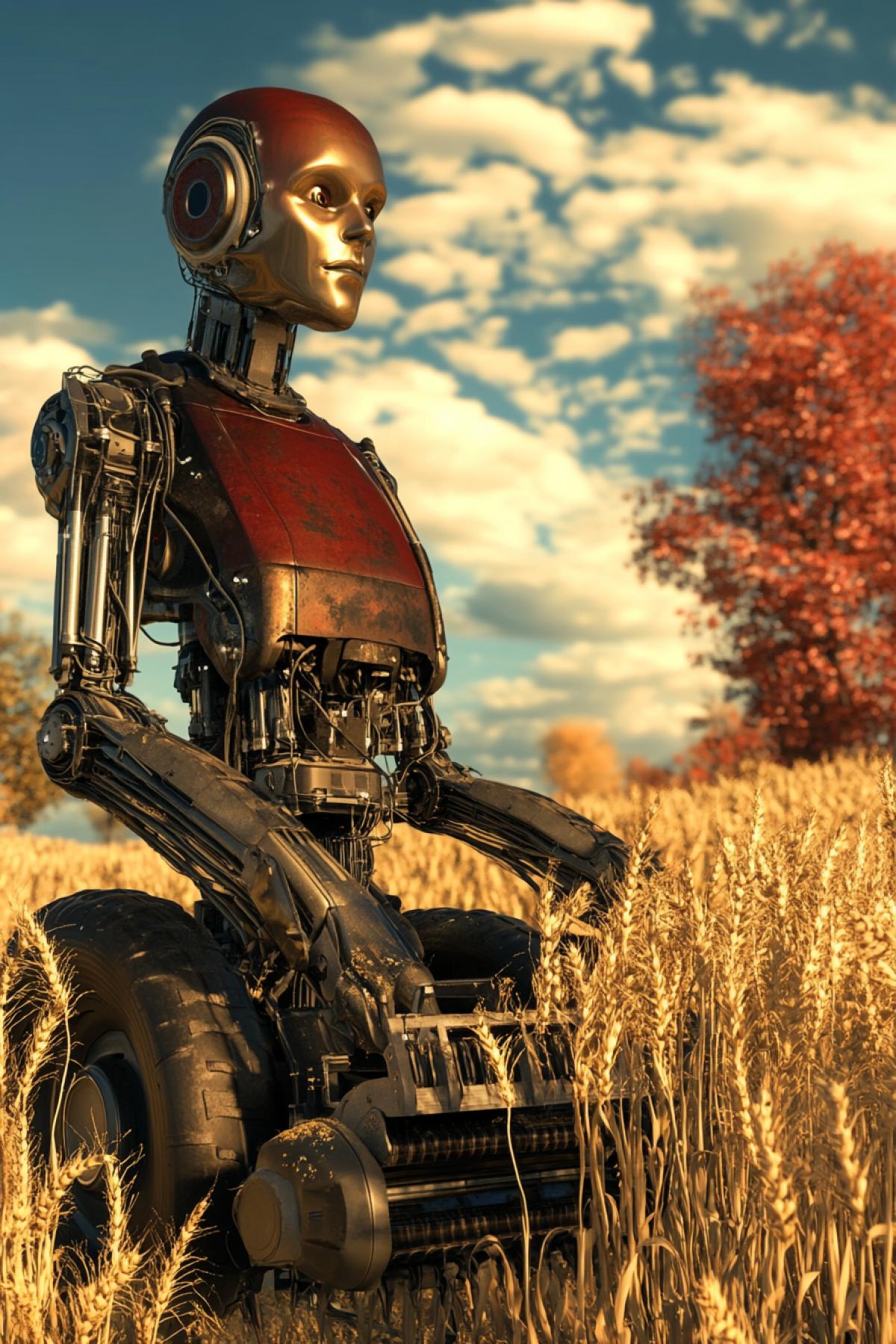 Robotic androids mowing wheat. A funny depiction of the future.