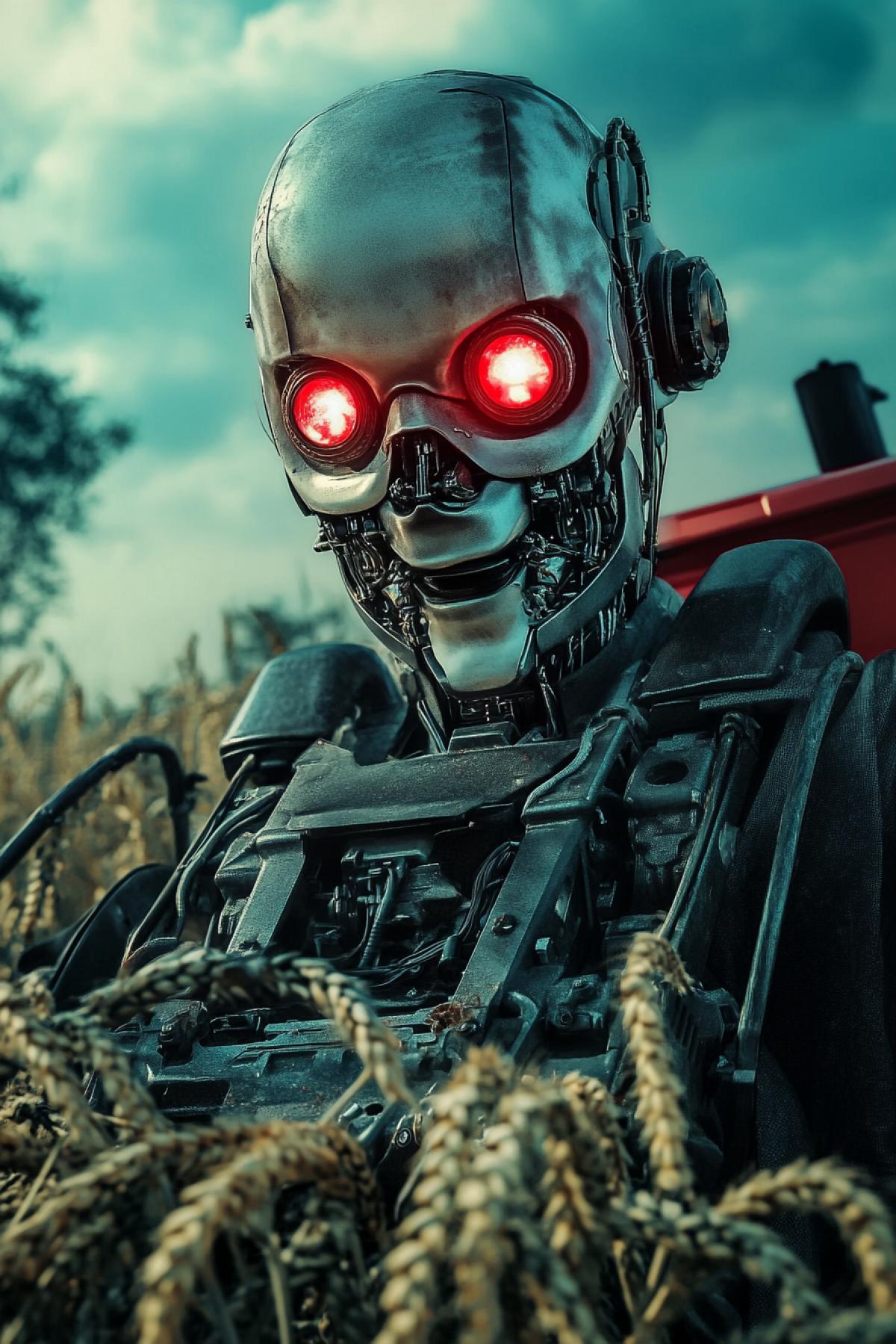 Robotic androids mowing wheat. A funny depiction of the future.