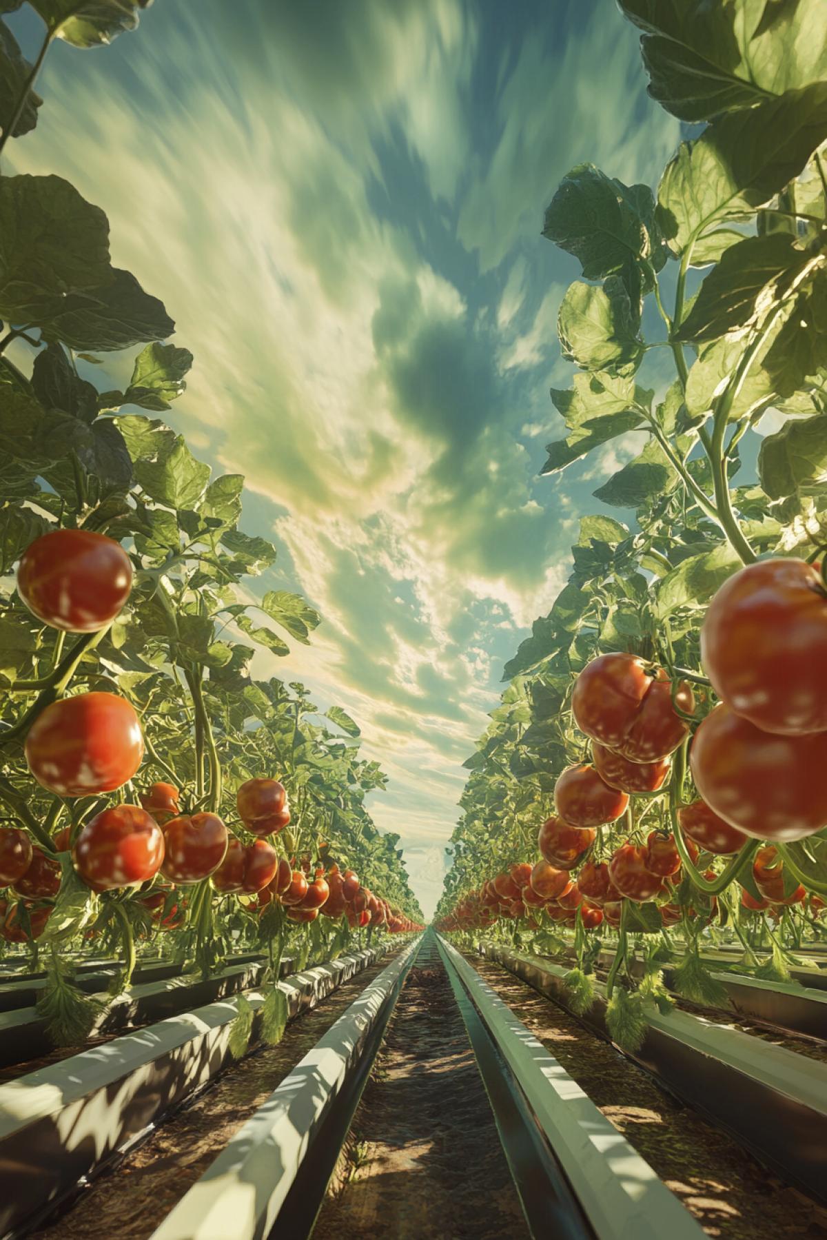 Agriculture of the future, beds with tomatoes, futurism, fusion, maximalism realistic image, ,